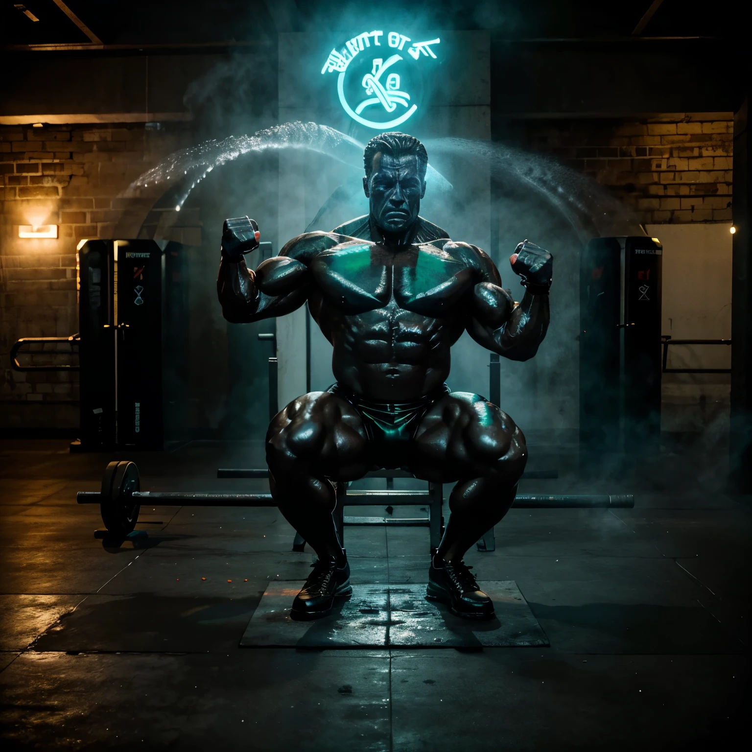 Statue of Arnold Schwarzenegger as a greed god in some gym pose getting spray painted by words promoting gym culture and glowing neon eyes