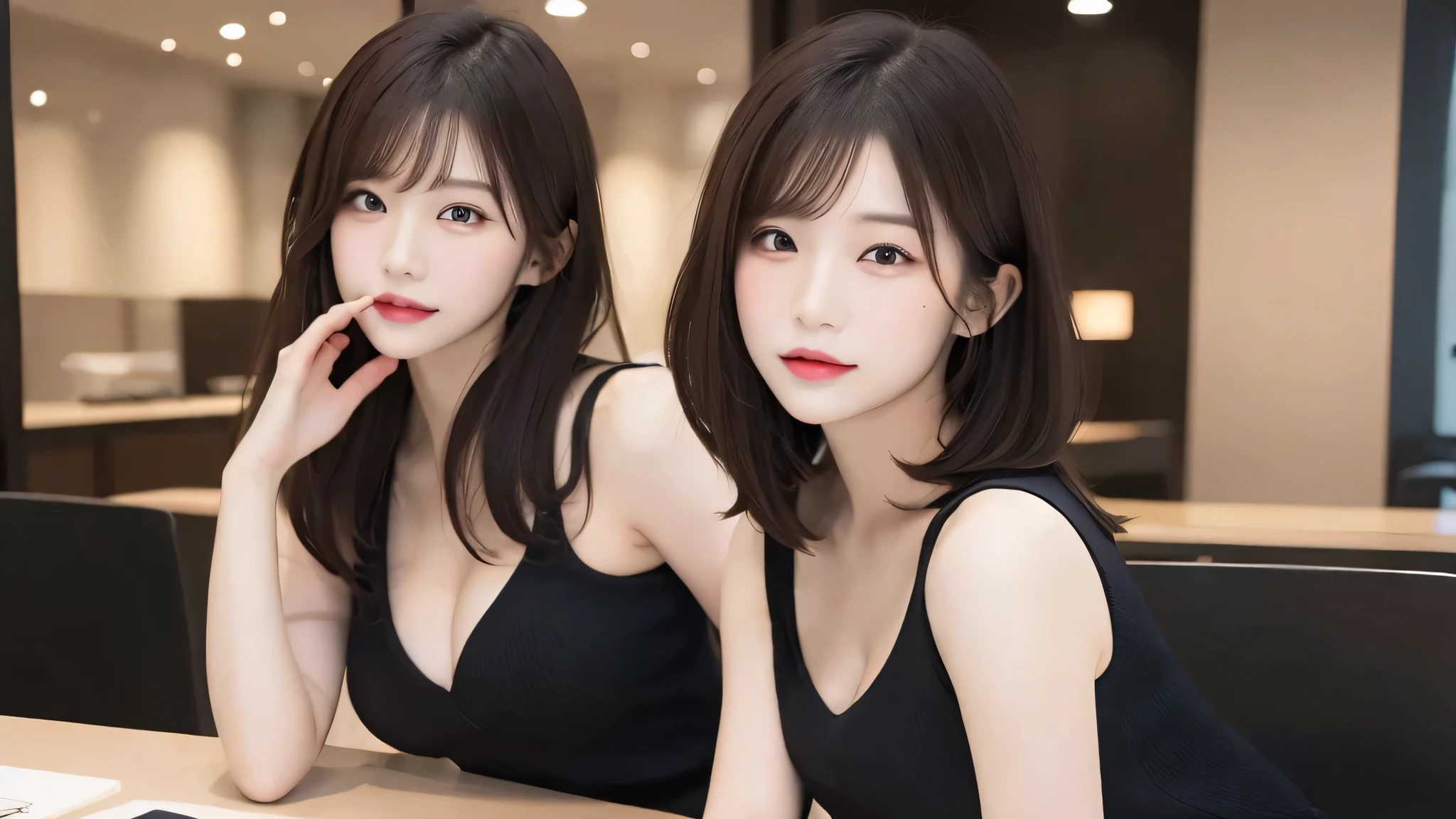 table top, highest quality, figure, Super detailed, finely, High resolution, 8k wallpaper, Perfect dynamic composition figure, detailed and beautiful eyes, black tight dress, medium hair,blonde hair color ,small breasts, natural color lip, random sexy poses,random situation,slender body,narrow side,Wink sexily