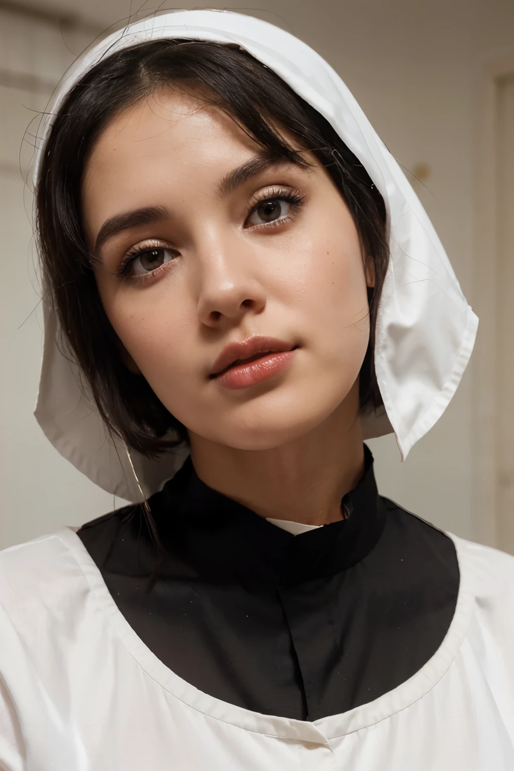 a white woman with short black hair, brown eyes, a beautiful face with slightly pink cheeks and a sweet look, with red lips, wearing a nun's outfit