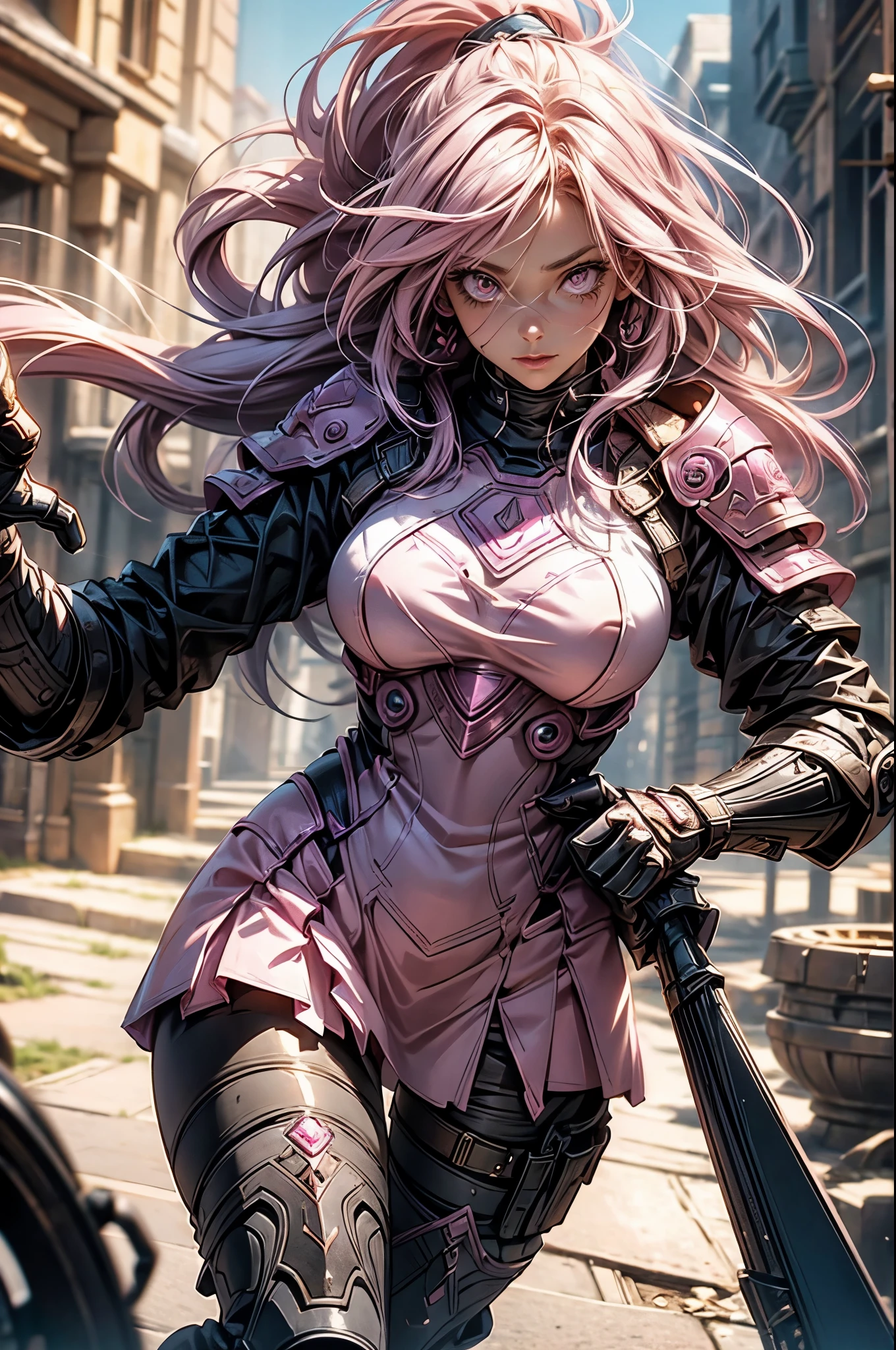 Pink-haired Scandinavian girl wearing half-plate armor and a frilly skirt over a skin-tight bodysuit, (pink long hair:1.4), pink eyes,attractive breasts、HDR (high dynamic range), ray tracing, NVIDIA RTX, super resolution, Scattered beneath the surface, anisotropic filtering, Depth of the bounds written ,Maximum clarity and sharpness, surface shading, two-tone lighting