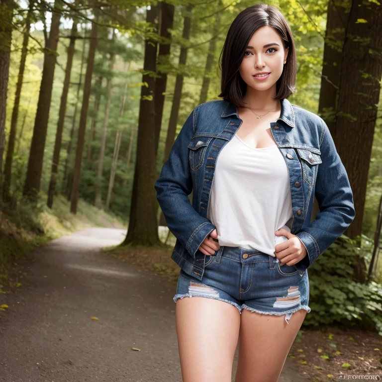 amerikanische frau, mit schwarzen haaren, 8k, Lachen auf dem Gesicht, Realistic 3D full body poster shot, beautiful sweet american 22 year old girl, Jeansjacke, schwarzes Haar, lockiges Haar, Seitengasse, Hands in pockets, Weicher Fokus,depth of field, complicated natural lighting