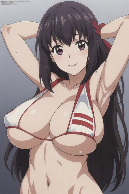 kondou taeko, breasts,sportswear, large breasts, huge breasts,red headband, sleeveless, navel,midium hair,
(best quality, masterpiece, megami magazine,ultra-detailed:1.2, Sharp, anime cels), 1girl,solo,looking at viewer,smile, (perfect detailed anatomy, perfect detailed arms, perfect body), 