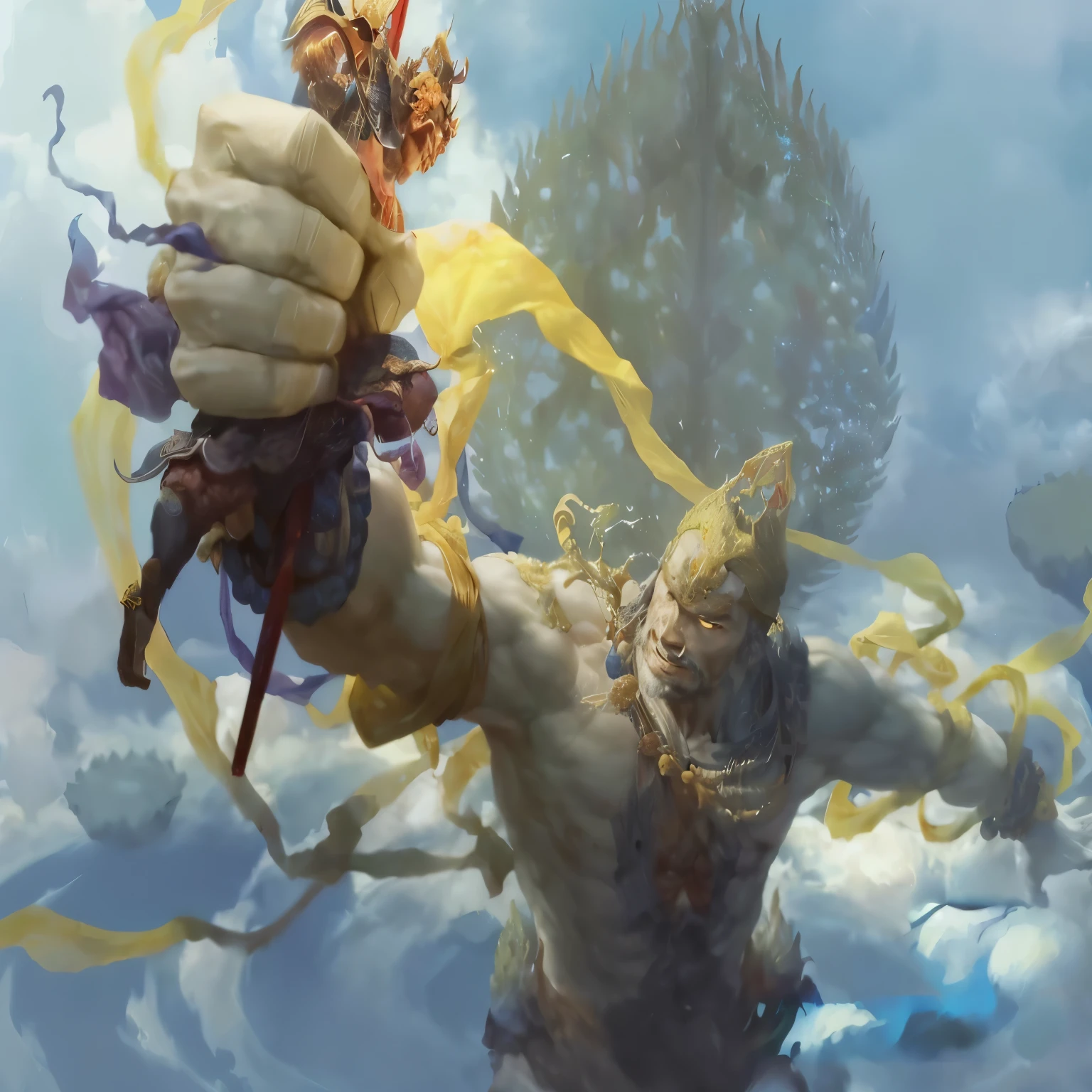 A man holding a huge object in his hands, author：Yang Jie, author：Ju Chao, author：Yang Jiein, by Pu Hua, a huge celestial titan, by Wuzhun Shifan, by Qu Leilei, by Bian Jingzhao, The legendary god with a spear, by Dai Jin, ( ( AI Art God King ) )