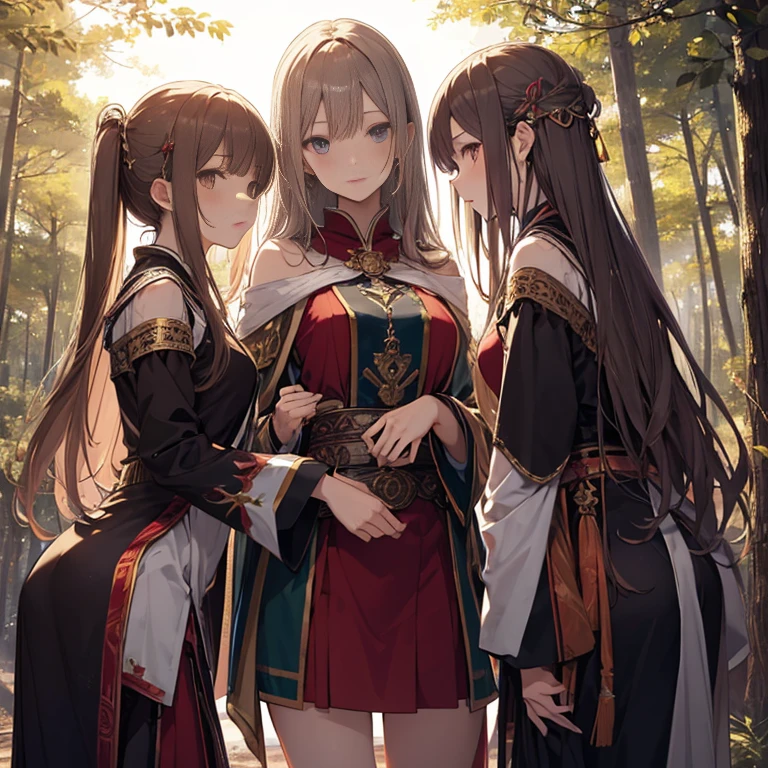 A group of priestess, (in forest), various hair styles, harem, wearing ceremonial clothes, night, details face, , short skirt, seducing,