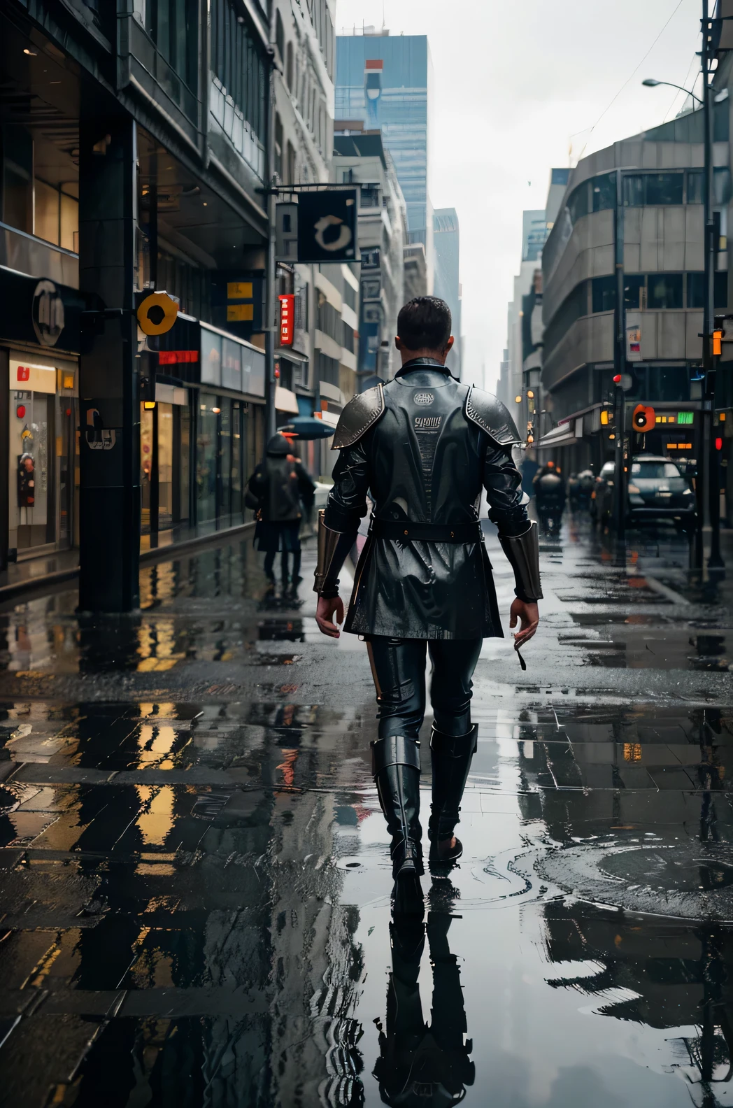 A man in armor walking through a puddle of water, antipodeans, today's city (best quality, 4k, highres, masterpiece:1.2), ultra-detailed, realistic:1.37, HDR, studio lighting, extreme detail description, professional, portraits, landscape, vivid colors, rusty colors, urban decay, dramatic lighting, shining armor, shiny wet surface, bustling city streets, rainy atmosphere, reflection in the water, pedestrians with umbrellas, wet pavement, water ripples, worn-out buildings, modern skyscrapers, contrasting architecture, futuristic elements, mysterious ambiance.