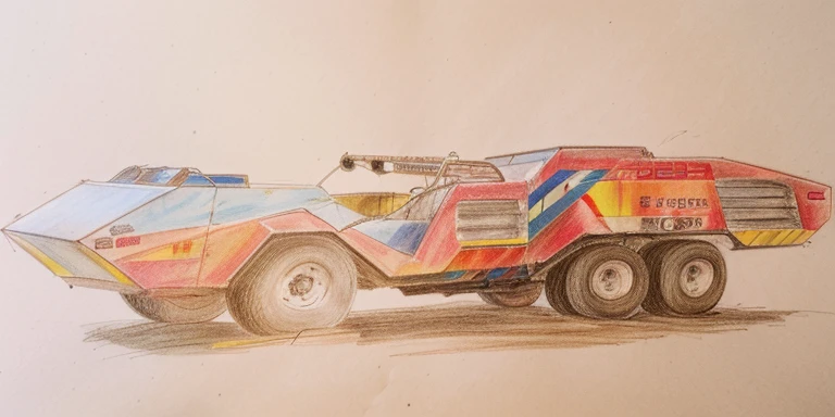 drawing of a red and blue truck with a crane on the back, coche de carreras, coche de carreras, A colored pencil sketch, trophy truck, colorized pencil, dibujado en papel, por Dirk Crabeth, detalle agregado, por Brigette Barrager, colorized pencil sketch, inspirado en Dick Bickenbach, the desert is in colored pencil, por Karl Volker