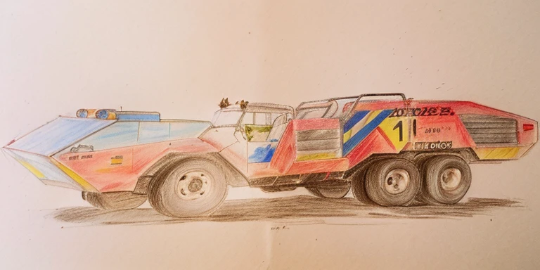 drawing of a red and blue truck with a crane on the back, coche de carreras, coche de carreras, A colored pencil sketch, trophy truck, colorized pencil, dibujado en papel, por Dirk Crabeth, detalle agregado, por Brigette Barrager, colorized pencil sketch, inspirado en Dick Bickenbach, the desert is in colored pencil, por Karl Volker