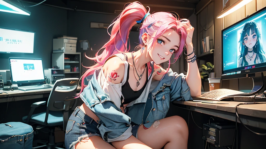 最high quality、Best image quality、masterpiece、girl((20 years old、 by becoming、vest bust、medium bust,Big chest tea、shining eyes, neon hair、long hair、thin,highest valley、ponytail、Distressed denim shorts、Black crop top shirt、Distressed denim jacket、Smile、Full body tattoos,Diamond earrings、wristband、necklace、sit on the chair、Have a guitar、Guitar Playing、Leaning forward、elated)),high quality、beautiful art、background((Hacker Room、Server room、neon lights、Bracket、notebook))、flight、debris flying、writing border depth、Movie、visual art、Perfect art、8K,real、