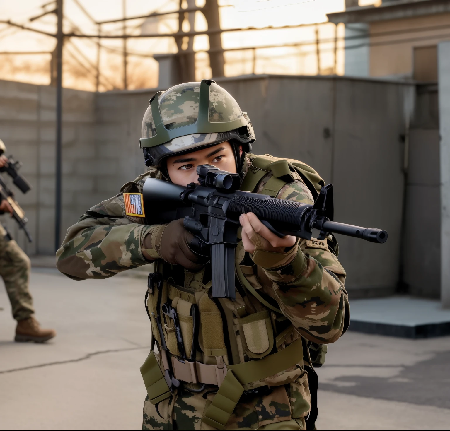 arafed soldier with a gun in his hand and a helmet on, a soldier aiming a gun, airsoft cqb, airsoft gun, shoulder mounted gun, man is carrying a rifle, wielding assault rifle, holding rifle, top shot, airsoft electric pistol, handling riffle on chest, military weaponry, battle action pose, holding a rifle, realistic soldiers, new york street backdrop