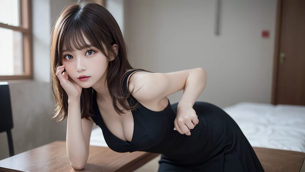 table top, highest quality, figure, Super detailed, finely, High resolution, 8k wallpaper, Perfect dynamic composition figure, detailed and beautiful eyes, black tight dress, medium hair,blonde hair color ,small breasts, natural color lip, random sexy poses,random situation,slender body,narrow side,Wink sexily,(((1girl)))