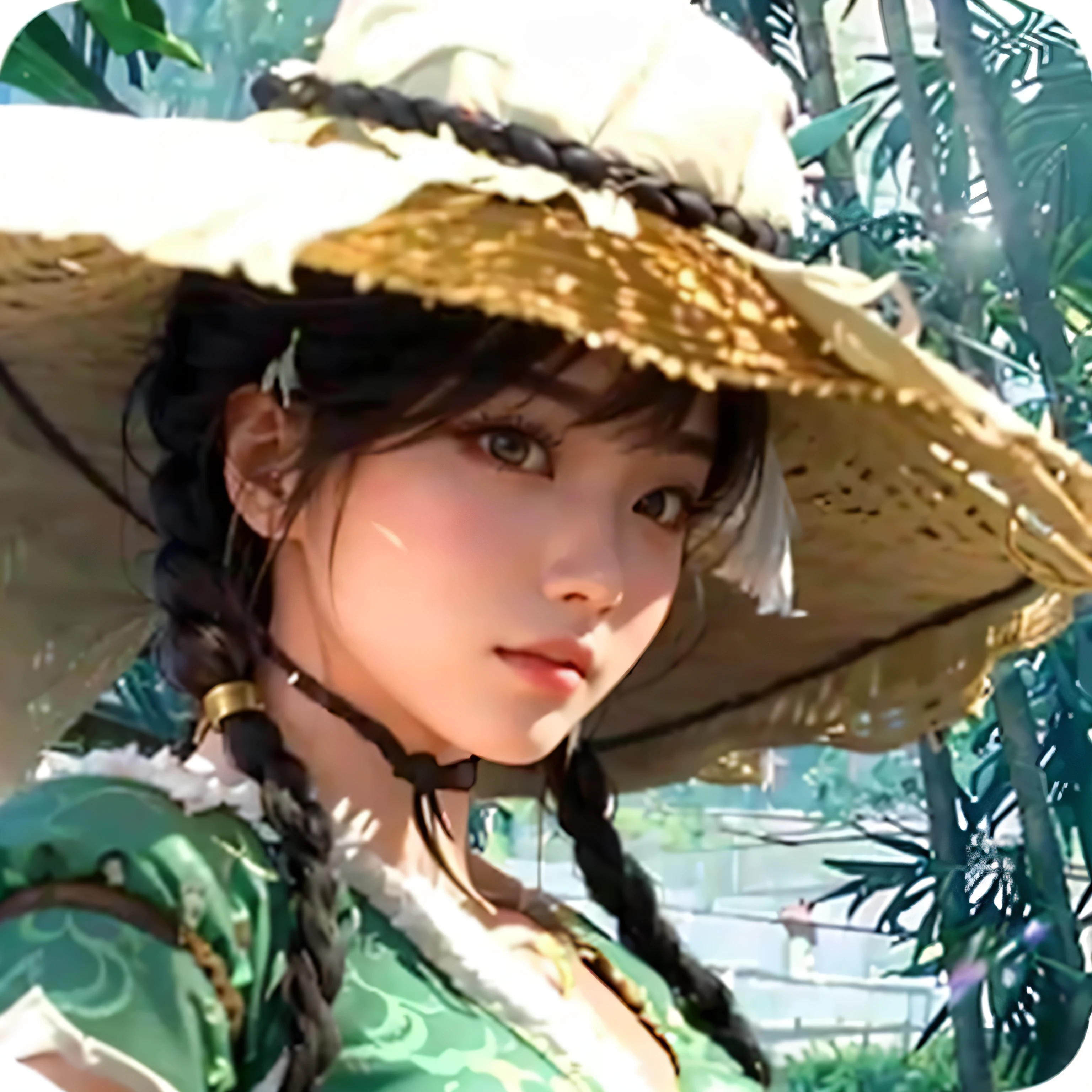 there is a woman wearing a hat and a green dress, as a character in tekken, inspired by Li Mei-shu, yun ling, mai shiranui, kunoichi, xianxia hero, inspired by Cao Zhibai, inspired by Leng Mei, inspired by Wu Zuoren, lei min, masuimi max, mei-ling zhou