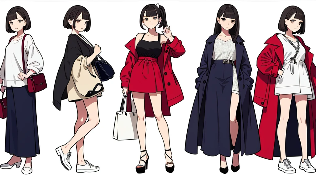 (((Best Quality))) , ((full body)), female, multiple views, white background, variety of hairstyles, variety of fashion styles, seductive pose, fashionable and trendy atmosphere, holding bag, spring outfits,