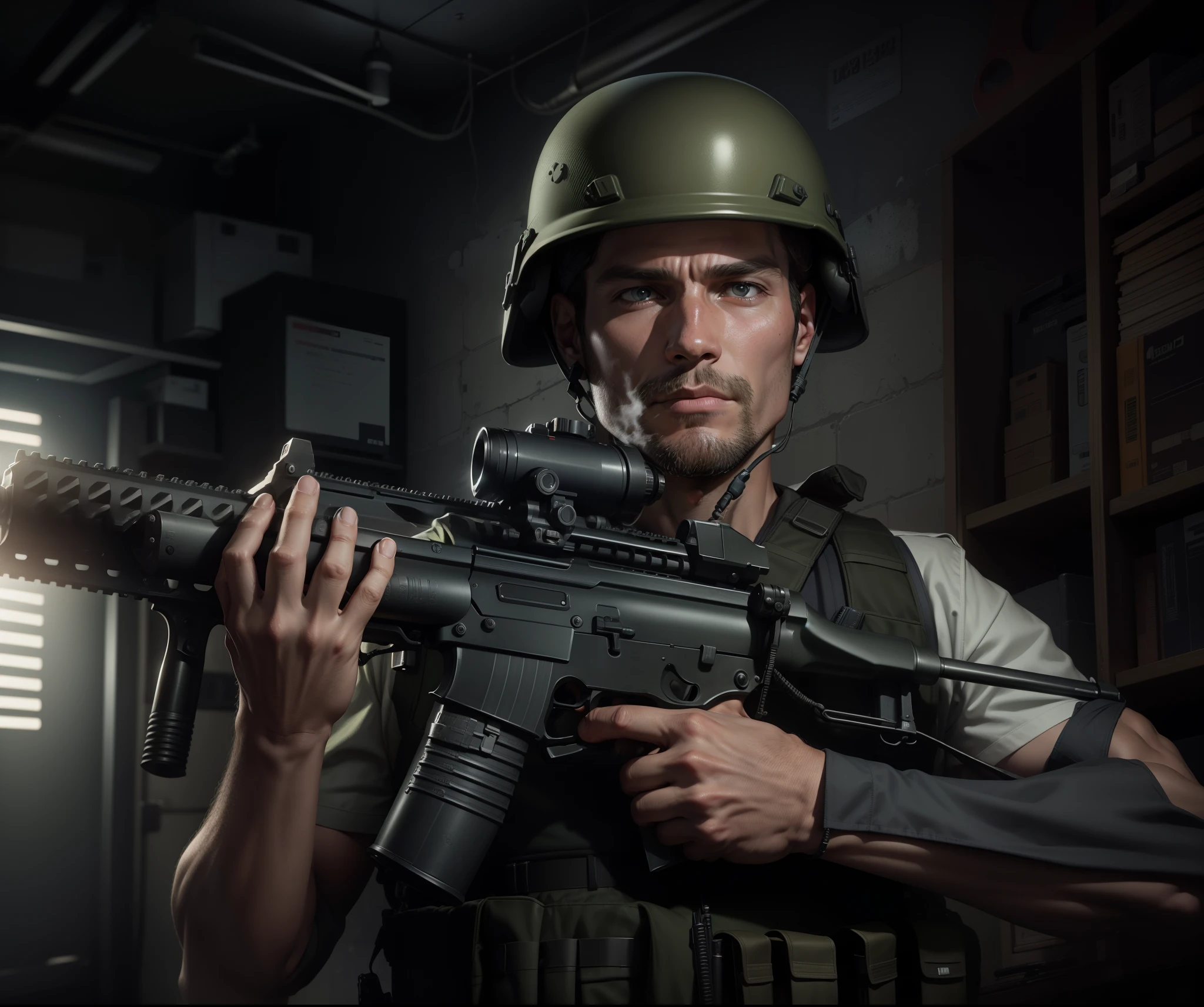 there is a man in a helmet holding a gun, holding a mp7, man is carrying a rifle, holding pdw, wielding assault rifle, looks like jerma985, holding a weapon, portrait of a navy seal soldier, airsoft cqb, with rifle in hands, wearing tactical gear, holding a rifle, armed with edged weapons, with rifle, security agent, laboratory room backdrop