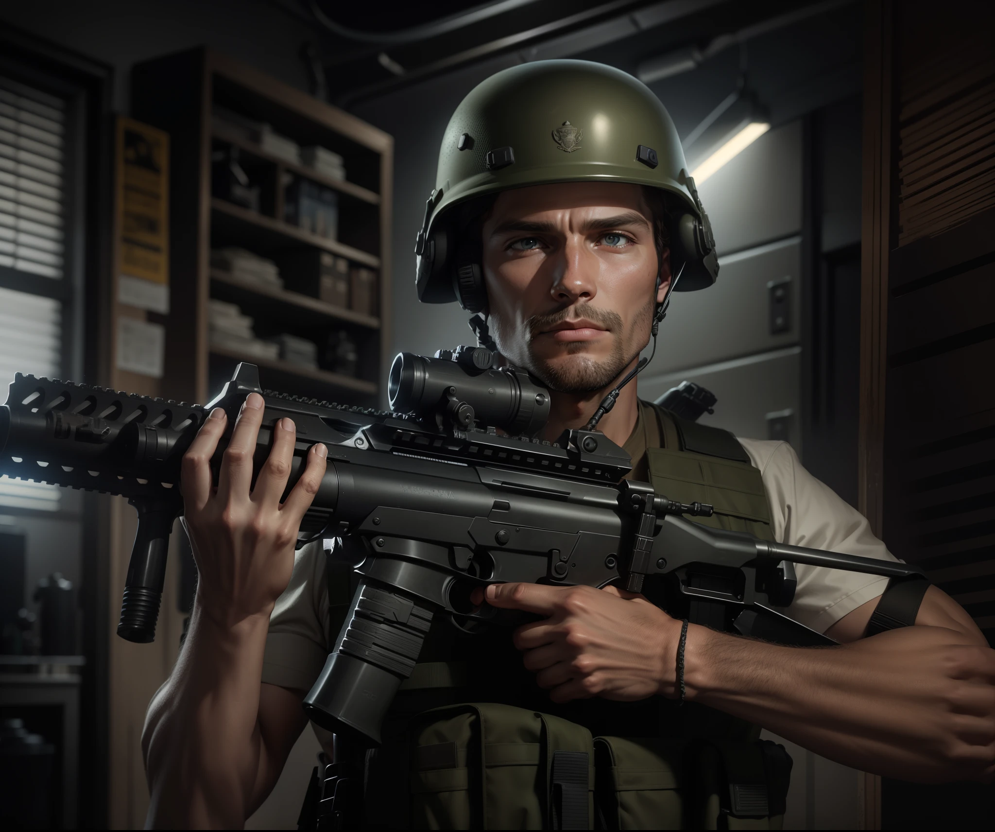 there is a man in a helmet holding a gun, holding a mp7, man is carrying a rifle, holding pdw, wielding assault rifle, looks like jerma985, holding a weapon, portrait of a navy seal soldier, airsoft cqb, with rifle in hands, wearing tactical gear, holding a rifle, armed with edged weapons, with rifle, security agent, laboratory room backdrop