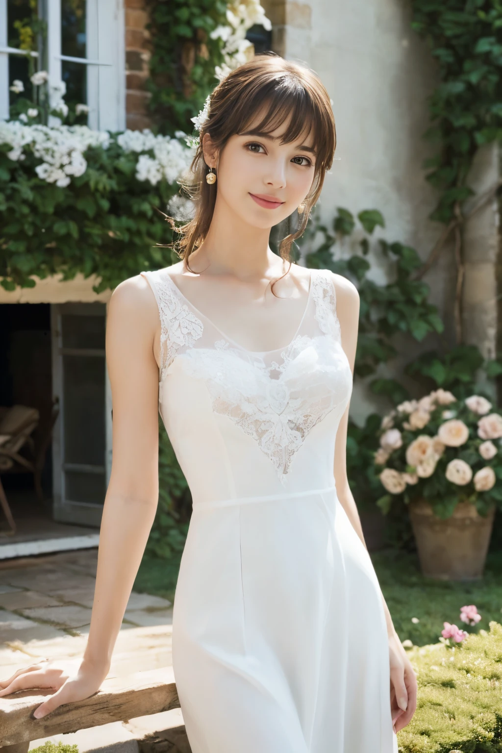 ((table top:1.4, highest quality)), (realistic pictures:1.4),
((1 girl)), (Pure actress), (dream-like),
(超High resolution:1.2), very delicate and beautiful, wonderful, Highly detailed CG Unity 8K wallpaper, Super detailed, High resolution,
soft light, beautiful detailed girl, highly detailed eyes and face, beautifully detailed nose, beautiful and detailed eyes,
(Wear a white dress:1.3),
cinematic lighting, perfect anatomy, slender body, (parted bangs),
(Relaxing in the garden of a house in an old French town:1.3), (White Wall House:1.3), (Colorful flowers blooming all over the wall々), (window), (gardening), (refreshing weather), (outdoor),
cowboy shot, looking at the viewer, (archaic smile)
