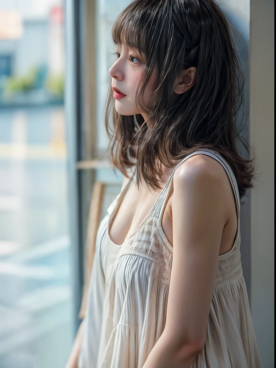masterpiece、highest quality、cinema、(cute japanese woman、bangs:1.3)、23 years old、1 girl、elegant、black hair、(pale light blue)