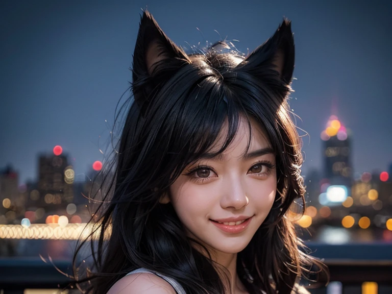 black hair, hair shaking, wince, long eyelashes, solid round eyes, fake animal ears, light smile, ear blusher, canine, With the city night view in the background, surrealism, shadow, Anaglyph, stereoscopic view, tachi-e, throw, atmospheric perspective, 8 thousand, super detail, accurate, The best bosom
