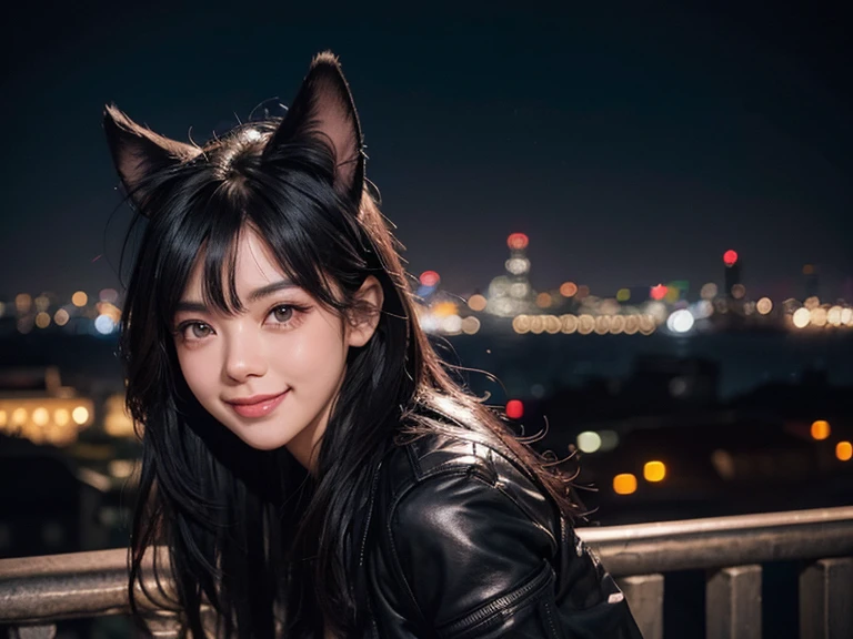 black hair, hair shaking, wince, long eyelashes, solid round eyes, fake animal ears, light smile, ear blusher, canine, With the city night view in the background, surrealism, shadow, Anaglyph, stereoscopic view, tachi-e, throw, atmospheric perspective, 8 thousand, super detail, accurate, The best bosom