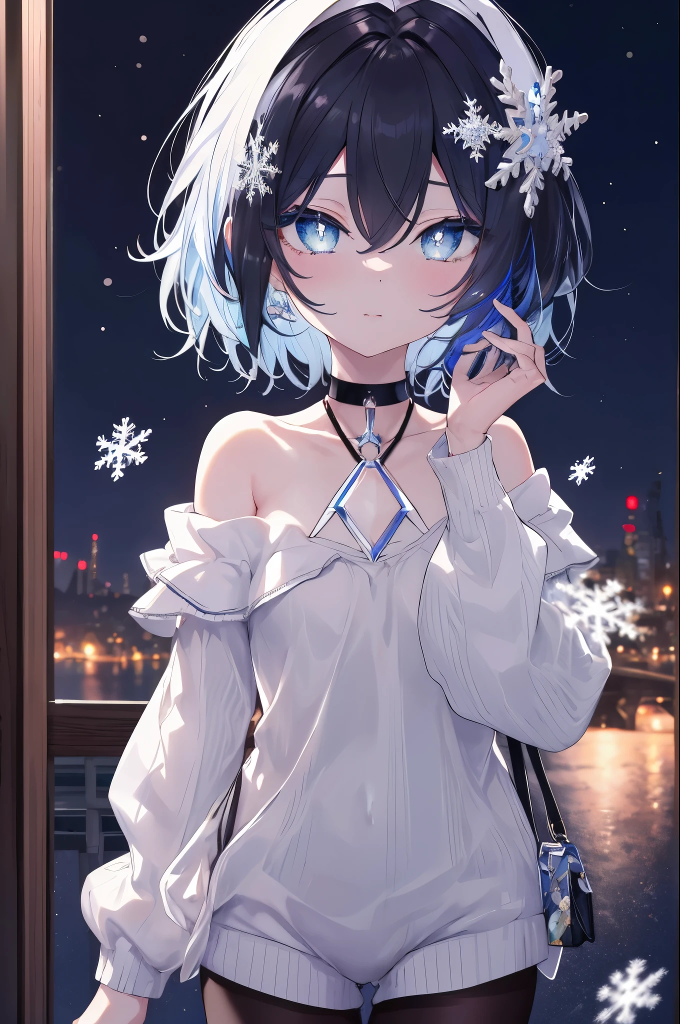 masterpiece,highest quality,High resolution,Super detailed,Oh Ginko,short hair,bangs,hair between eyes,black hair band,snowflake hair ornament,black choker,night,street,Are standing,off shoulder sweater,naked neck,bare clavicle,bare shoulders,shorts,black pantyhose,winter,Cold Sky,(masterpiece:1.2), highest quality, High resolution, unity 8k wallpaper, (shape:0.8), (beautiful and detailed eyes:1.6), highly detailed face, perfect lighting, Very detailed CG, (perfect hands, perfect anatomy),