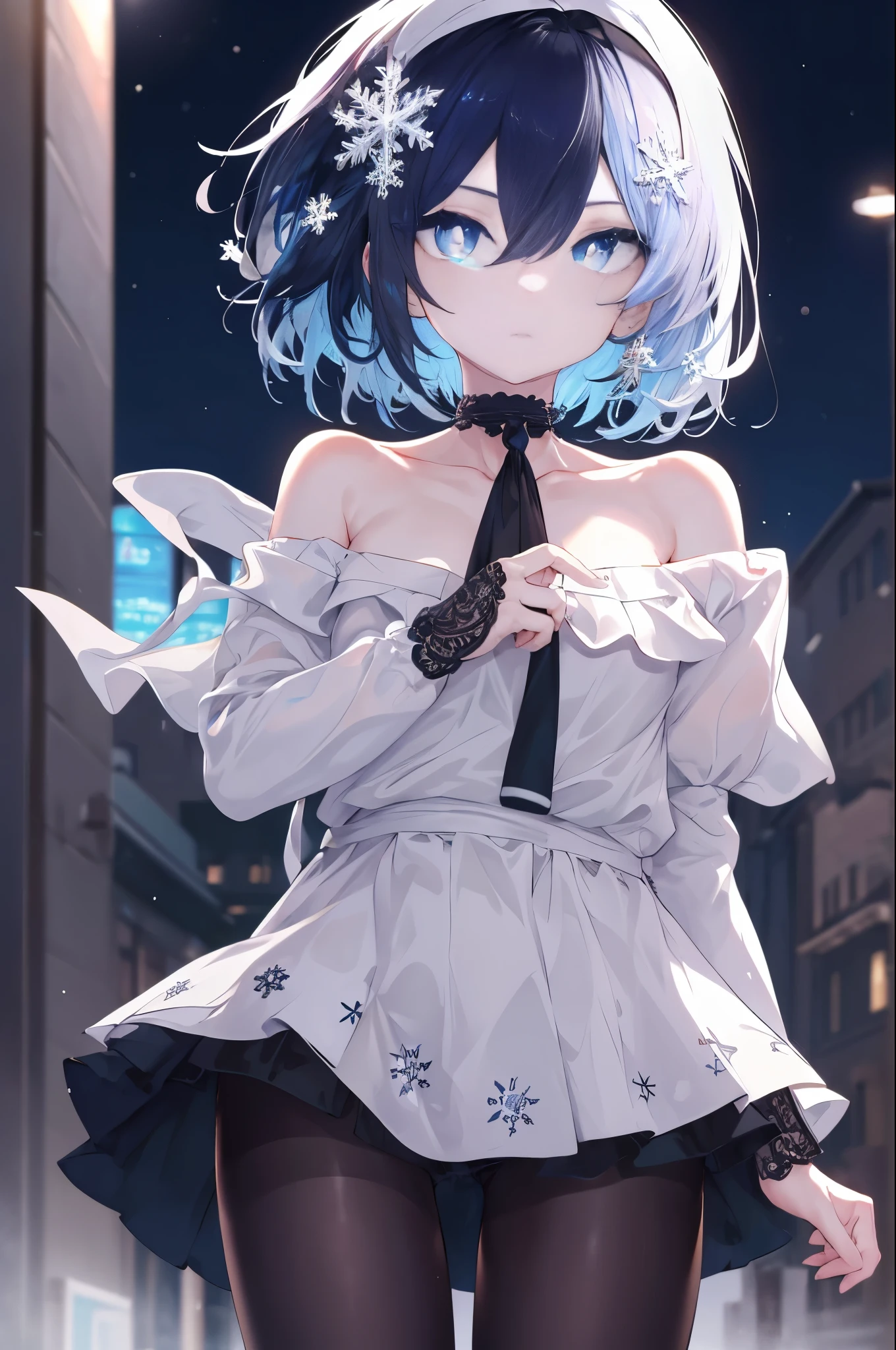 masterpiece,highest quality,High resolution,Super detailed,Oh Ginko,short hair,bangs,hair between eyes,black hair band,snowflake hair ornament,black choker,night,street,Are standing,off shoulder sweater,naked neck,bare clavicle,bare shoulders,shorts,black pantyhose,winter,Cold Sky,(masterpiece:1.2), highest quality, High resolution, unity 8k wallpaper, (shape:0.8), (beautiful and detailed eyes:1.6), highly detailed face, perfect lighting, Very detailed CG, (perfect hands, perfect anatomy),