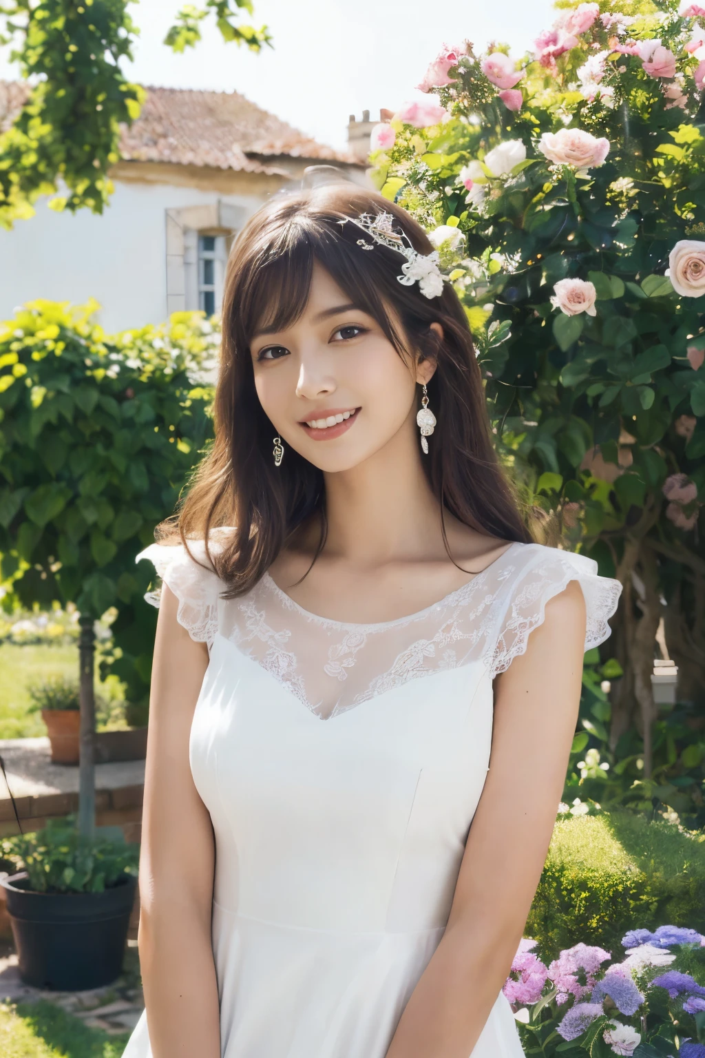 ((table top:1.4, highest quality)), (realistic pictures:1.4),
((1 girl)), (Pure actress), (dream-like),
(超High resolution:1.2), very delicate and beautiful, wonderful, Highly detailed CG Unity 8K wallpaper, Super detailed, High resolution,
soft light, beautiful detailed girl, highly detailed eyes and face, beautifully detailed nose, beautiful and detailed eyes,
(Wear a white dress:1.3),
cinematic lighting, perfect anatomy, slender body, (parted bangs),
(Relaxing in the garden of a house in an old French town:1.3), (White Wall House:1.3), (Colorful flowers blooming all over the wall々), (window), (gardening), (refreshing weather), (outdoor),
cowboy shot, looking at the viewer, (archaic smile)