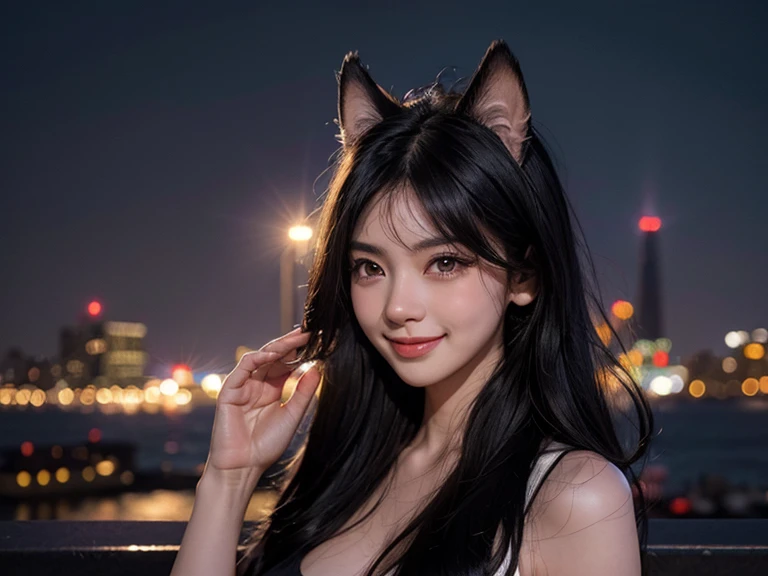 black hair, hair shaking, wince, long eyelashes, solid round eyes, fake animal ears, light smile, ear blusher, canine, With the city night view in the background, surrealism, shadow, Anaglyph, stereoscopic view, tachi-e, throw, atmospheric perspective, 8 thousand, super detail, accurate, The best bosom