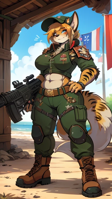 Female Furry Tiger Soldier in Spotted Forest Camo US Military Uniform, Detailed Eyes, Detailed Hands, Detailed Face, Detailed Hair, Holding AK-47, Spotted Forest Camo, Holding Russian Military Uniform Cap in Hand, Alternate Patch with flag on the shoulder., chevron of the Russian military flag on the shoulder., forest background, huge muscled furry, wolf girl in power armor sister of battle, warhammer 40k, aesthetics of the female body, Full-length front view.
