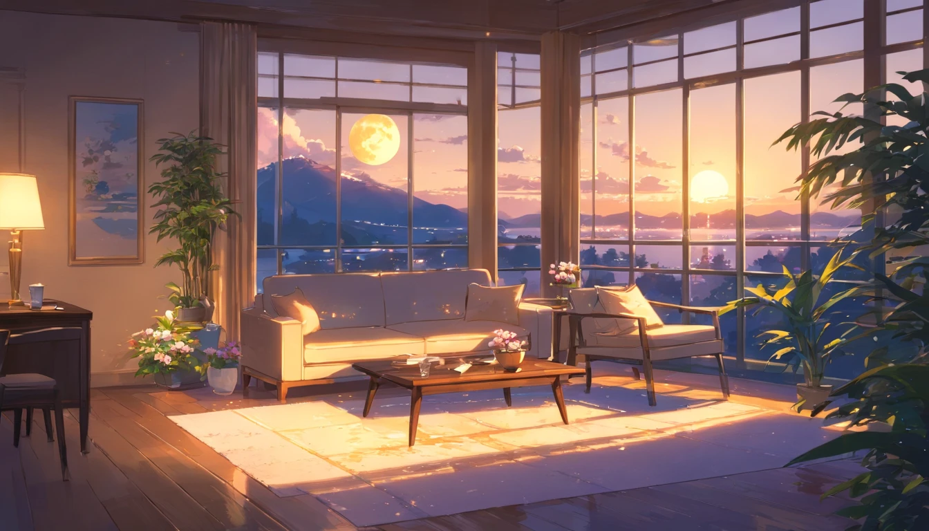 Rich, Luxury Living room, Late night, moonlight, high ceilings, four windows, one front door in the far right, one window to the left, white elegant curtains, white sofa facing away from the windows and the door, textured wallpaper, polished wooden floor, grand fireplace, glass coffee table, glass of red wine on glass coffee table, fresh flowers, grand moon lighting, neutral color palette, silver accents, (best quality, 4k, highres), (ultra-detailed, realistic), (studio lighting), (vivid colors), (moonlight), (golden glow), (soft shadows).