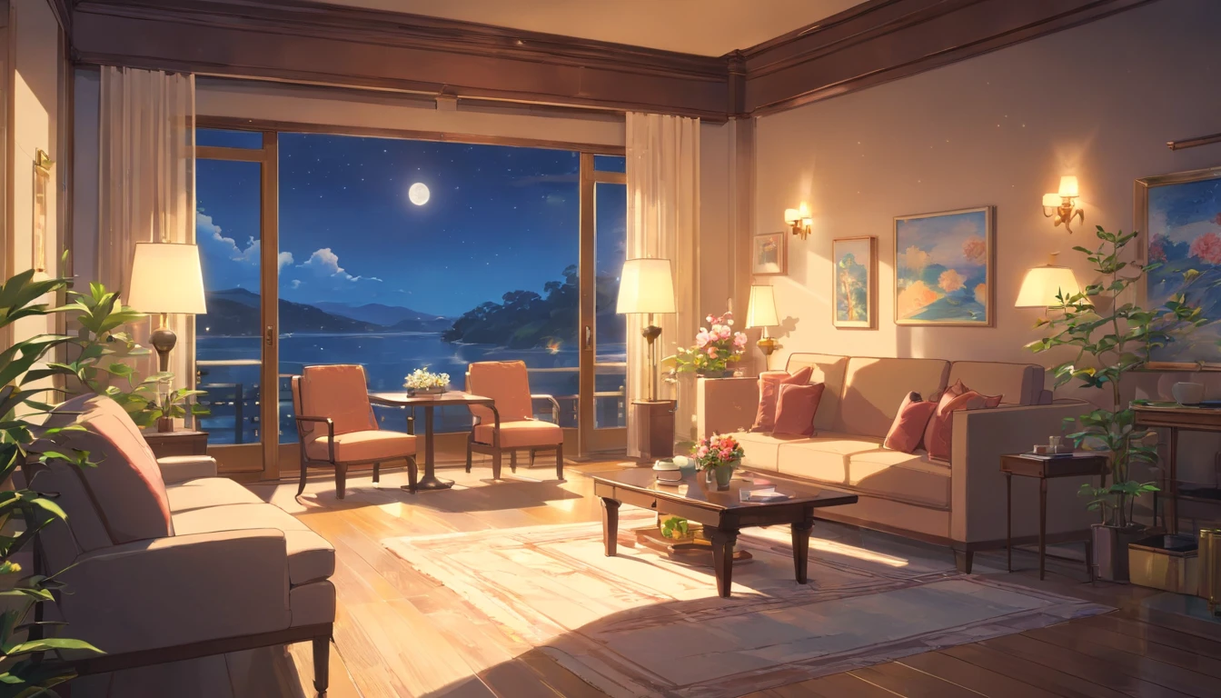 
Rich, Luxury Living room, Late night, moonlight, high ceilings, four windows, one front door in the far right, one window to the left, white elegant curtains, white sofa facing away from the windows and the door, textured wallpaper, polished wooden floor, grand fireplace, glass coffee table, glass of red wine on glass coffee table, fresh flowers, grand moon lighting, neutral color palette, silver accents, (best quality, 4k, highres), (ultra-detailed, realistic), (studio lighting), (vivid colors), (moonlight), (golden glow), (soft shadows).