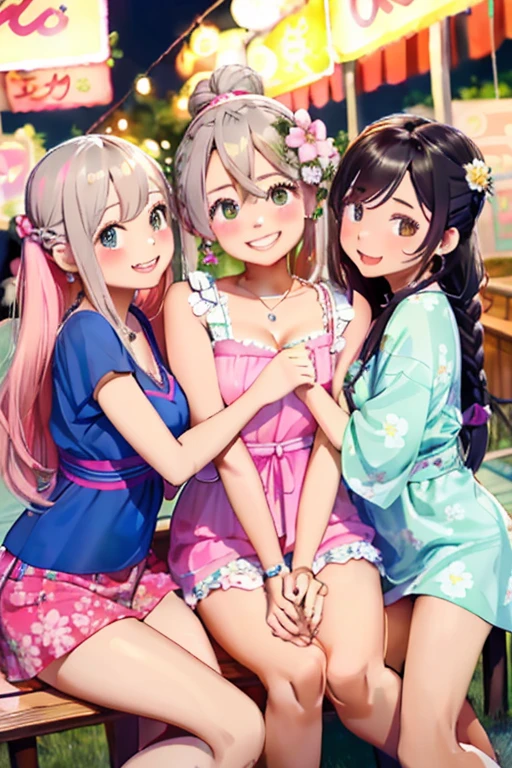 High resolution、detailed background、highest quality、Beautiful and dense face、beautiful and smooth skin、skin texture、((Three beautiful teenage female robots:1.5))、cute hairstyle、huge breasts、smile、Fresh one-piece style、Choose a cute yukata with a floral pattern or pastel colors.、Please wear flat sandals on your feet..、Add accents with a basket bag or headband、By incorporating bright colors and patterns、、Creates a gorgeous and cute impression、((night、深night))、(braided ponytail、cute hair cot'I enjoy participating in local summer festivals in the summer..、Enjoy festival gourmet food at food stalls、Watch the fireworks、laughter、smile、smile、panty shot