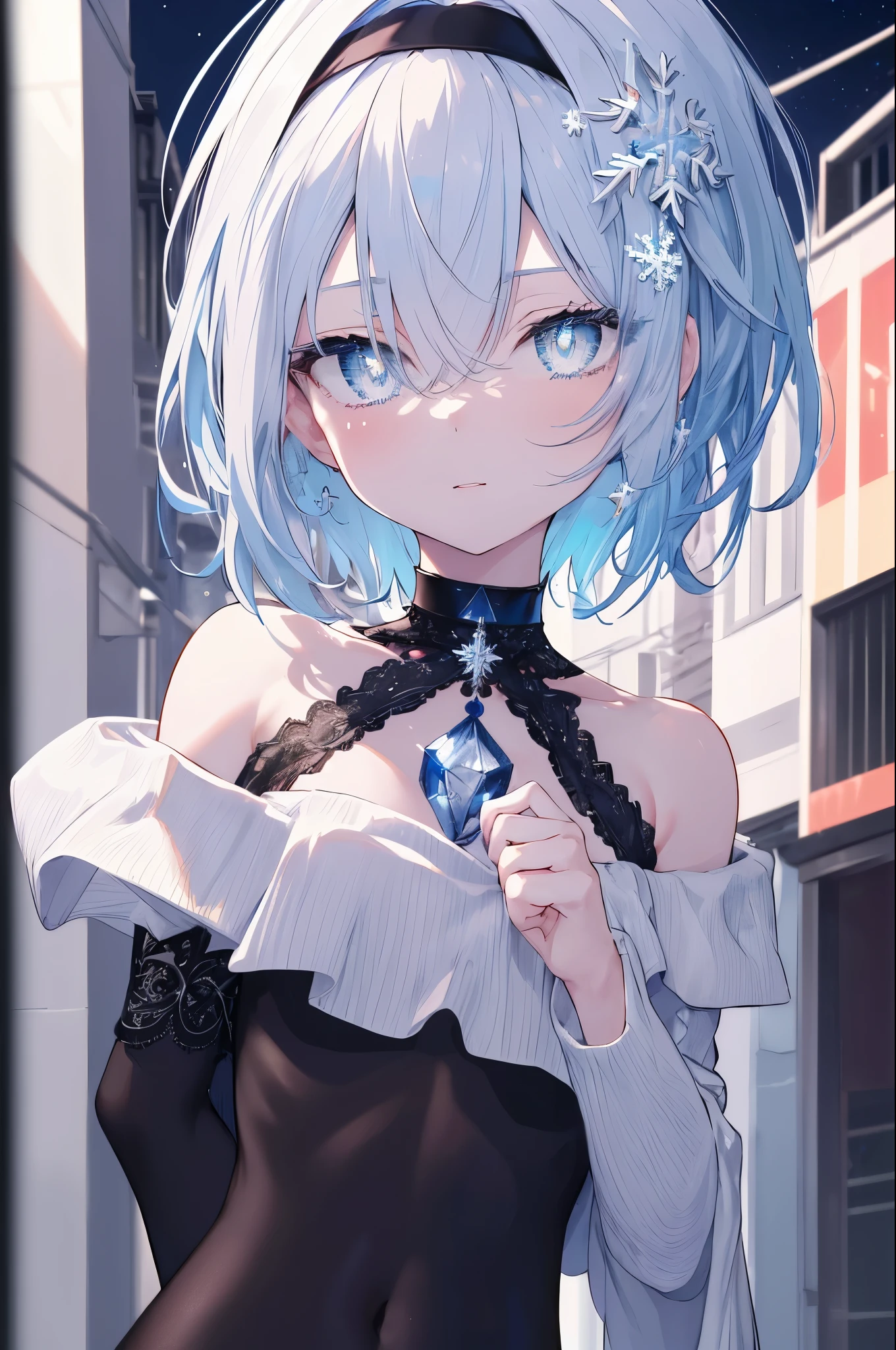 masterpiece,highest quality,High resolution,Super detailed,Oh Ginko,short hair,bangs,hair between eyes,light blue,hair band,snowflake hair ornament,black choker,night,street,Are standing,off shoulder sweater,naked neck,bare clavicle,bare shoulders,shorts,black pantyhose,winter,Cold Sky,(masterpiece:1.2), highest quality, High resolution, unity 8k wallpaper, (shape:0.8), (beautiful and detailed eyes:1.6), highly detailed face, perfect lighting, Very detailed CG, (perfect hands, perfect anatomy),