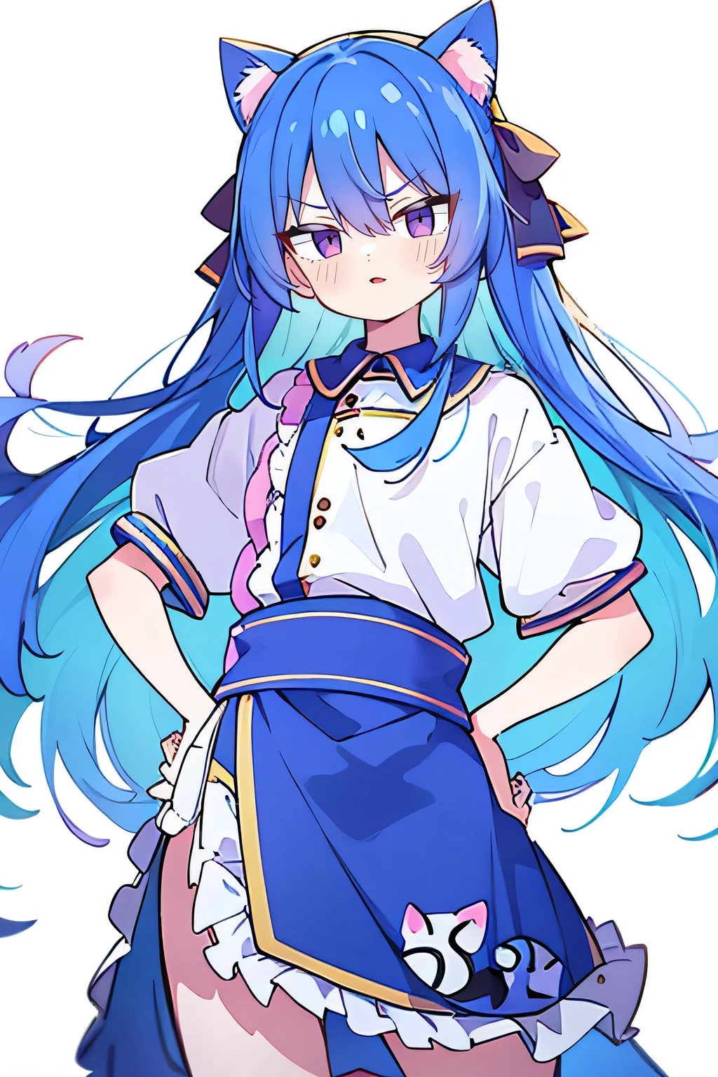 (masterpiece),best quality, expressive eyes, perfect face, 1girl,
 Put your hands on your waist,fair, Gorgeous,Japanese cartoons,girl,lola,Hina Angel, blue hair, blue haired, floating clothes,Grab your waist, Grab your waist, hands on hips , hands on hips,flat chest,cat ear,