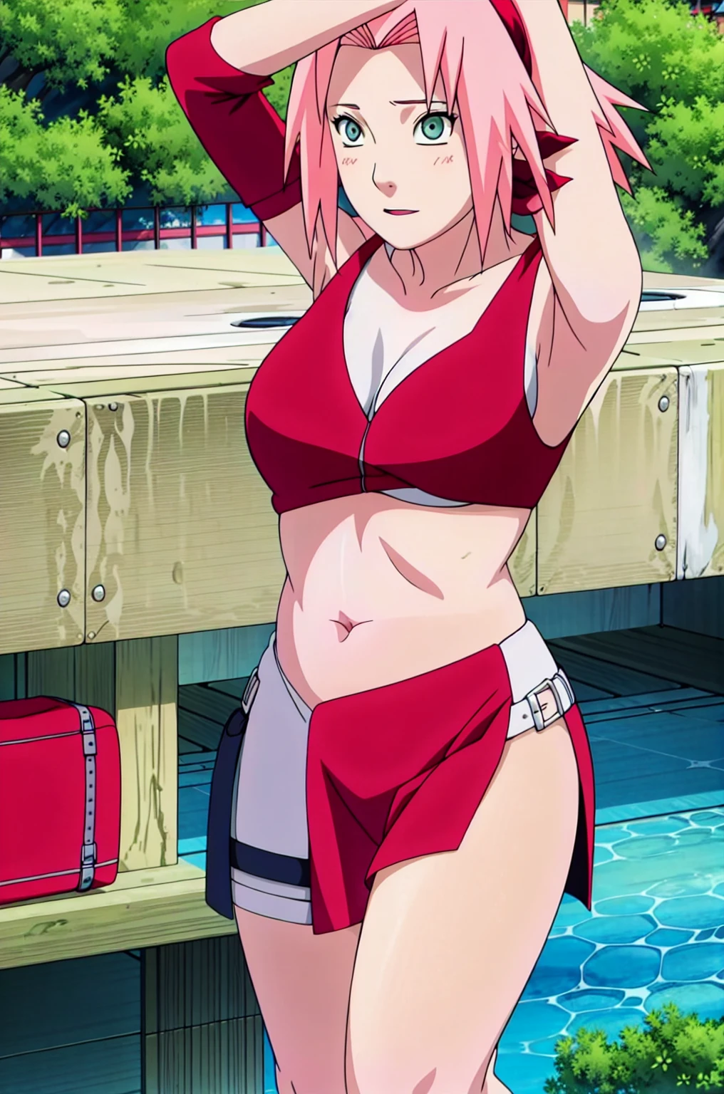 Sakura haruno,(((showing belly by lifting her top))),((belly visible))),sexy,(((((wearing bra))))),(sexy armpits), front view 