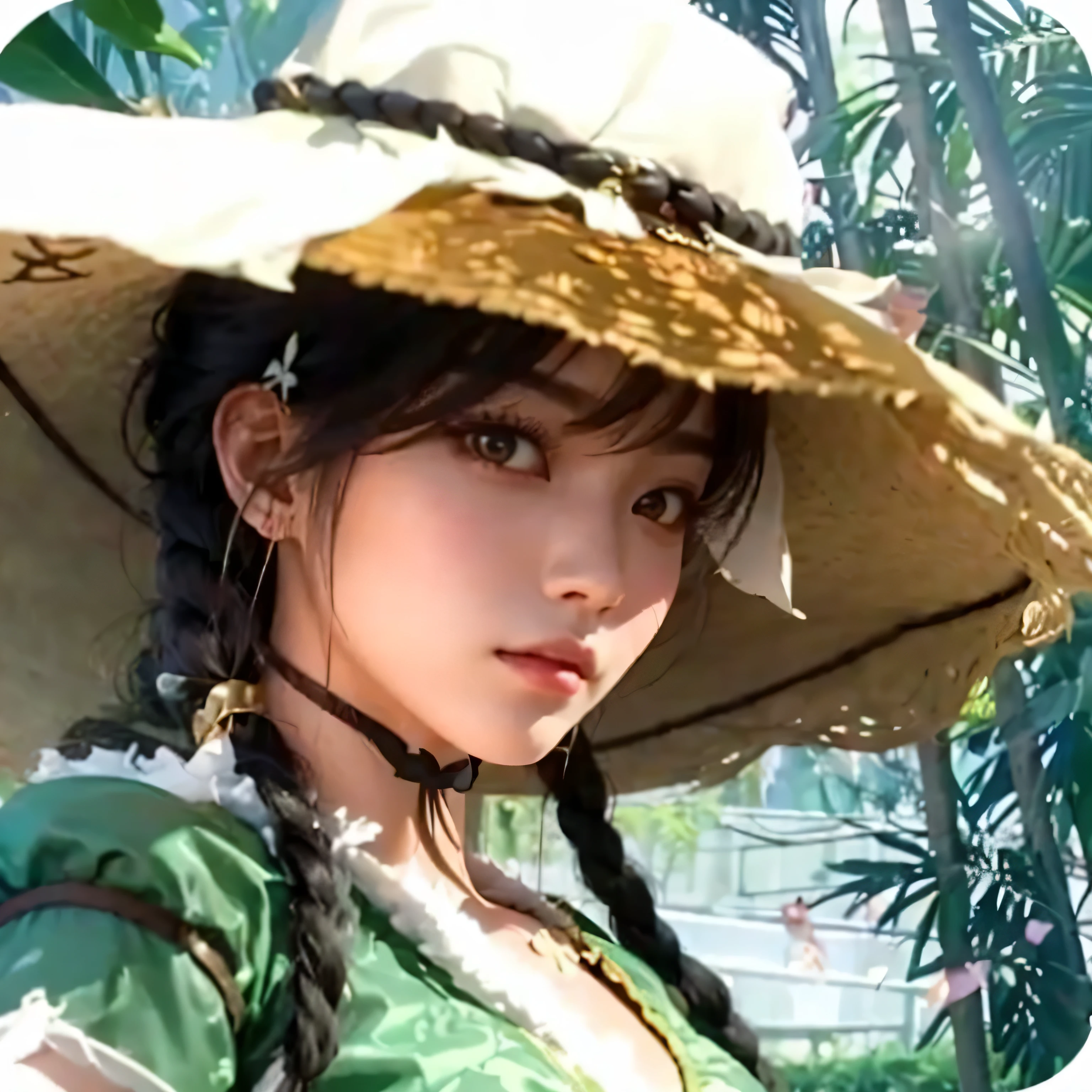 there is a woman wearing a hat and a green dress, as a character in tekken, inspired by Li Mei-shu, yun ling, mai shiranui, kunoichi, xianxia hero, inspired by Cao Zhibai, inspired by Leng Mei, inspired by Wu Zuoren, lei min, masuimi max, mei-ling zhou