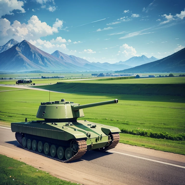 surreal　tank　green　One cannon　Three cars　The machine gun is mounted on the vehicle　grassland　There is a fortress　I can see mountains in the distance　
