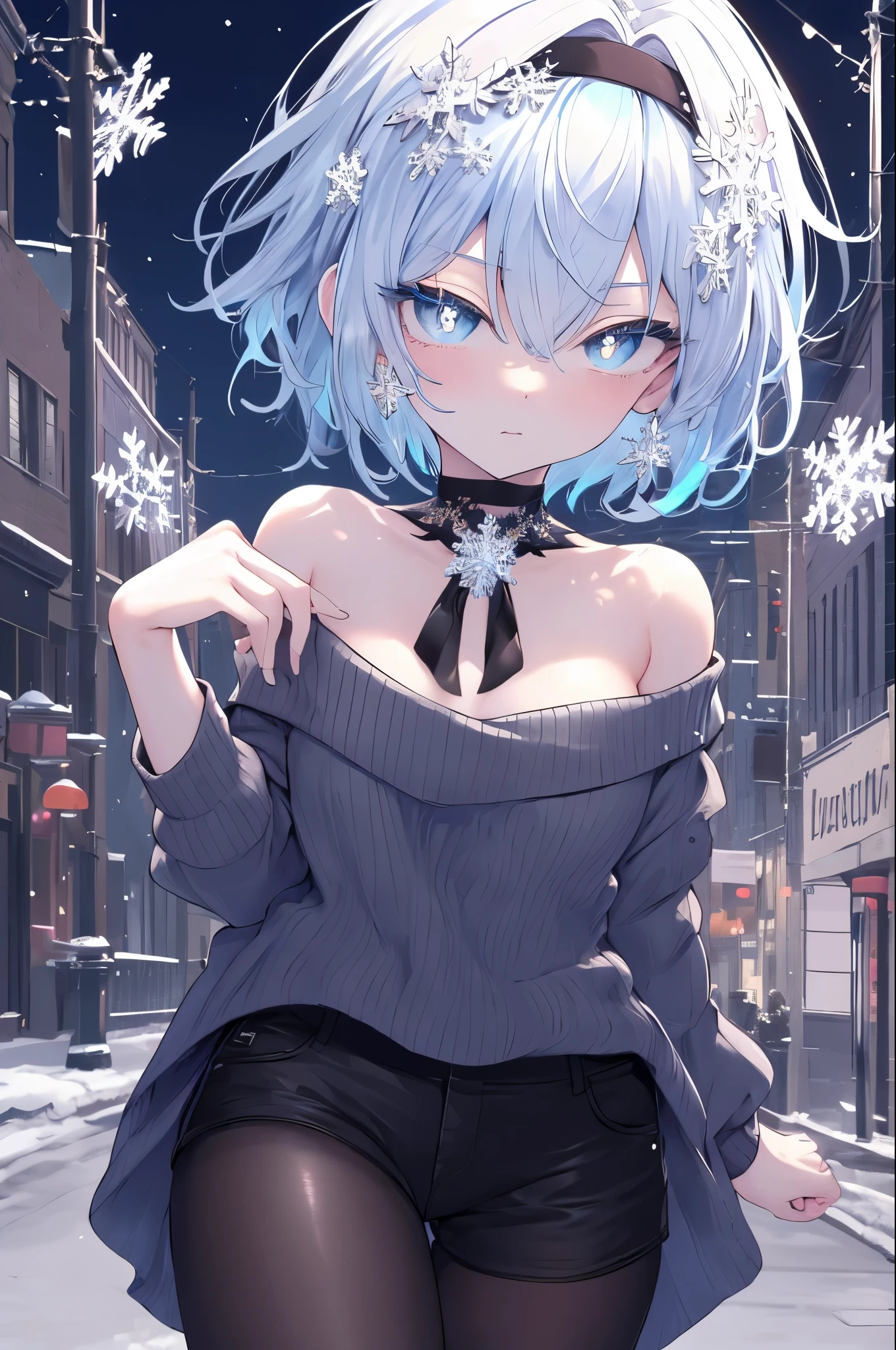 masterpiece,highest quality,High resolution,Super detailed,Oh Ginko,short hair,bangs,hair between eyes,light blue,hair band,snowflake hair ornament,black choker,night,street,Are standing,off shoulder sweater,naked neck,bare clavicle,bare shoulders,shorts,black pantyhose,winter,Cold Sky,(masterpiece:1.2), highest quality, High resolution, unity 8k wallpaper, (shape:0.8), (beautiful and detailed eyes:1.6), highly detailed face, perfect lighting, Very detailed CG, (perfect hands, perfect anatomy),