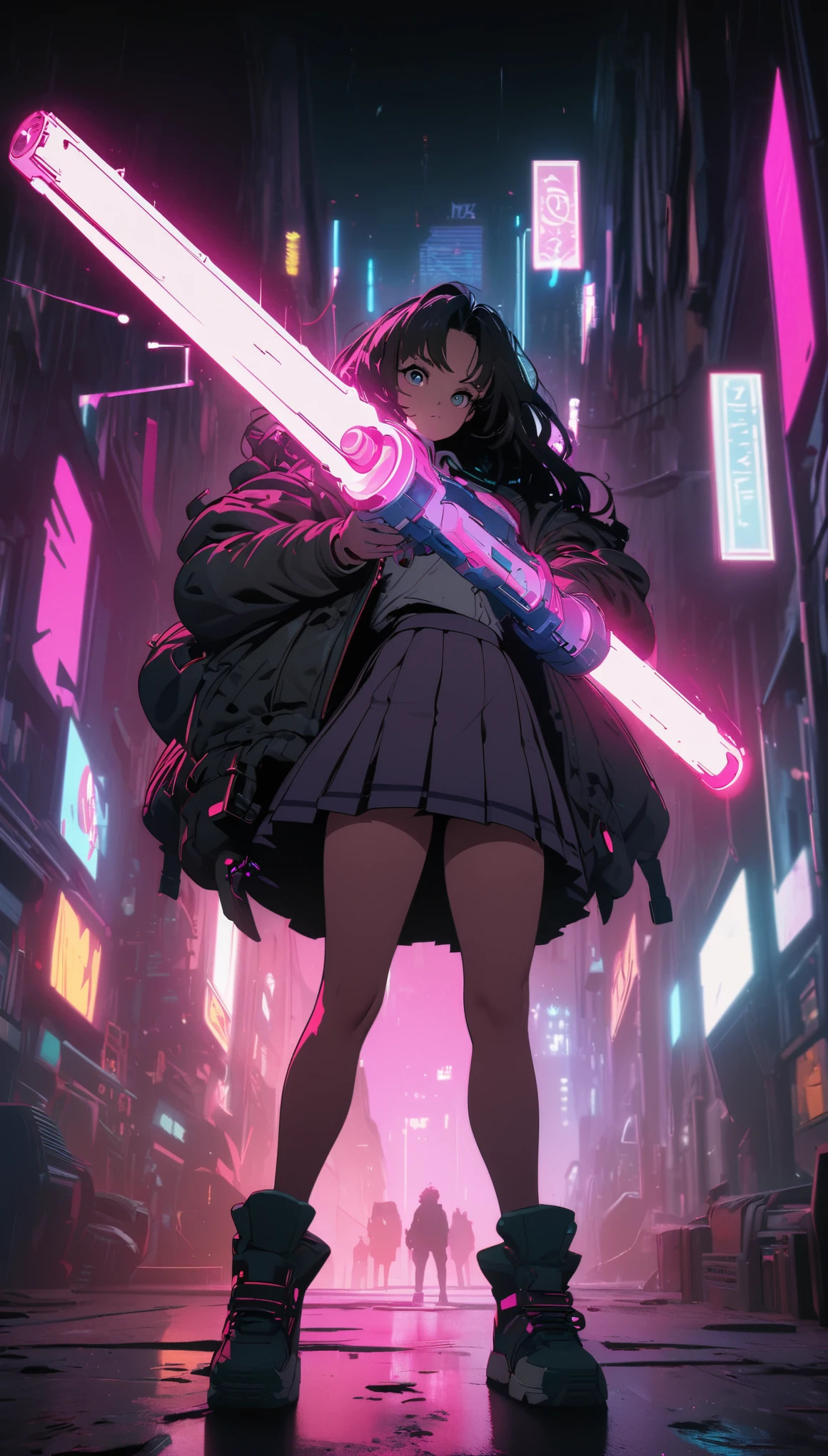 
cyberpunk style，JK school uniform girl，Holding a huge mechanical laser sword，Beautiful，Glowing special effects，celluloid style，Flat coating，HD，CG art，comics，8K，looking into camera，high quality，illustration，Vaporwave style，rim light，movie lighting，Super detailed，complex，OC renderer，cinematic perspective，high resolution
