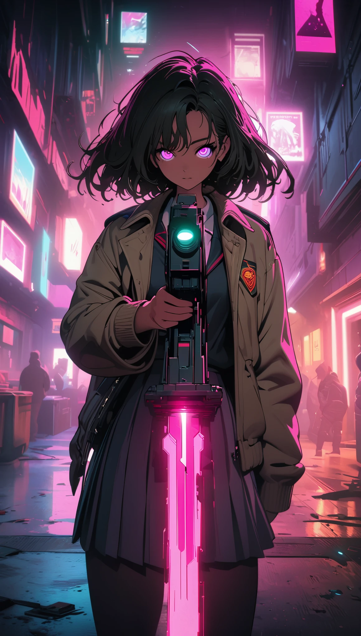 
cyberpunk style，JK school uniform girl，Holding a huge mechanical laser sword，Beautiful，Glowing special effects，celluloid style，Flat coating，HD，CG art，comics，8K，looking into camera，high quality，illustration，Vaporwave style，rim light，movie lighting，Super detailed，complex，OC renderer，cinematic perspective，high resolution
