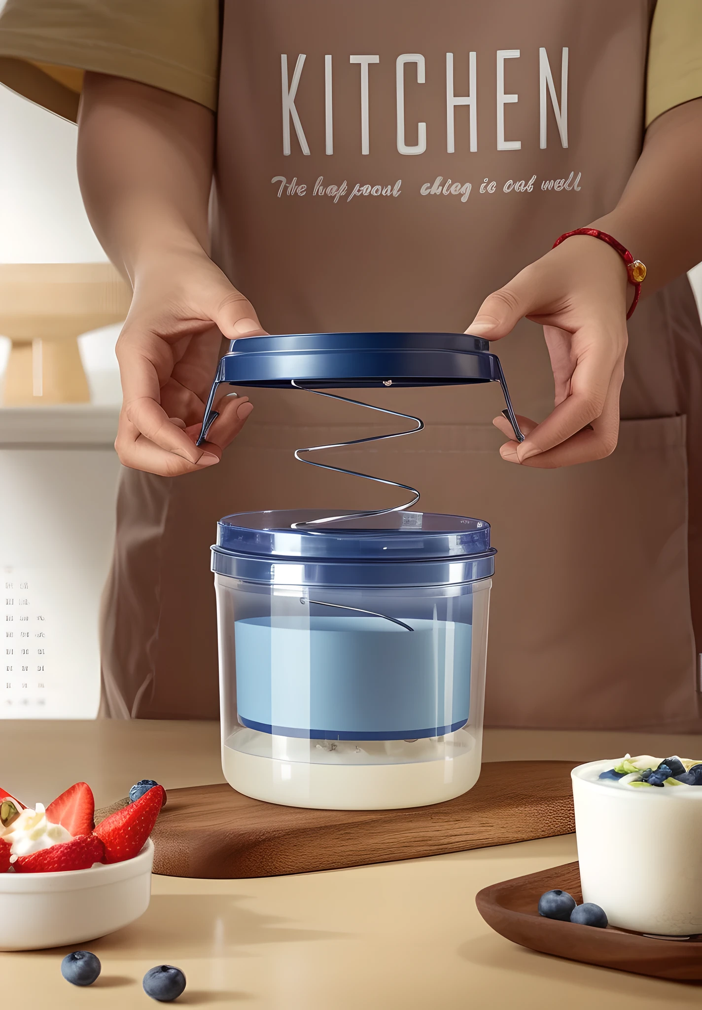 In this image, a clear plastic yogurt maker labeled "QUICK MIZUKIRI YOGURT" is placed on a wooden cutting board. The inside of the container was filled with a translucent liquid and a white solid. It was speculated that the liquid was water and the solid was yogurt. The container has a simple design, in clear and navy blue tones, and comes with an easy-open lid. The wooden cutting board is sturdy and has a dark brown natural wood grain. On one side of the cutting board is a small dollop of yogurt and a small wooden spoon. The background is blurred, showing sliced strawberries and an empty bowl on the table. The overall tone is warm, the light is natural, and the composition is balanced, conveying a comfortable feeling of home-made healthy food. This scene may also imply a simple, convenient and healthy lifestyle.
