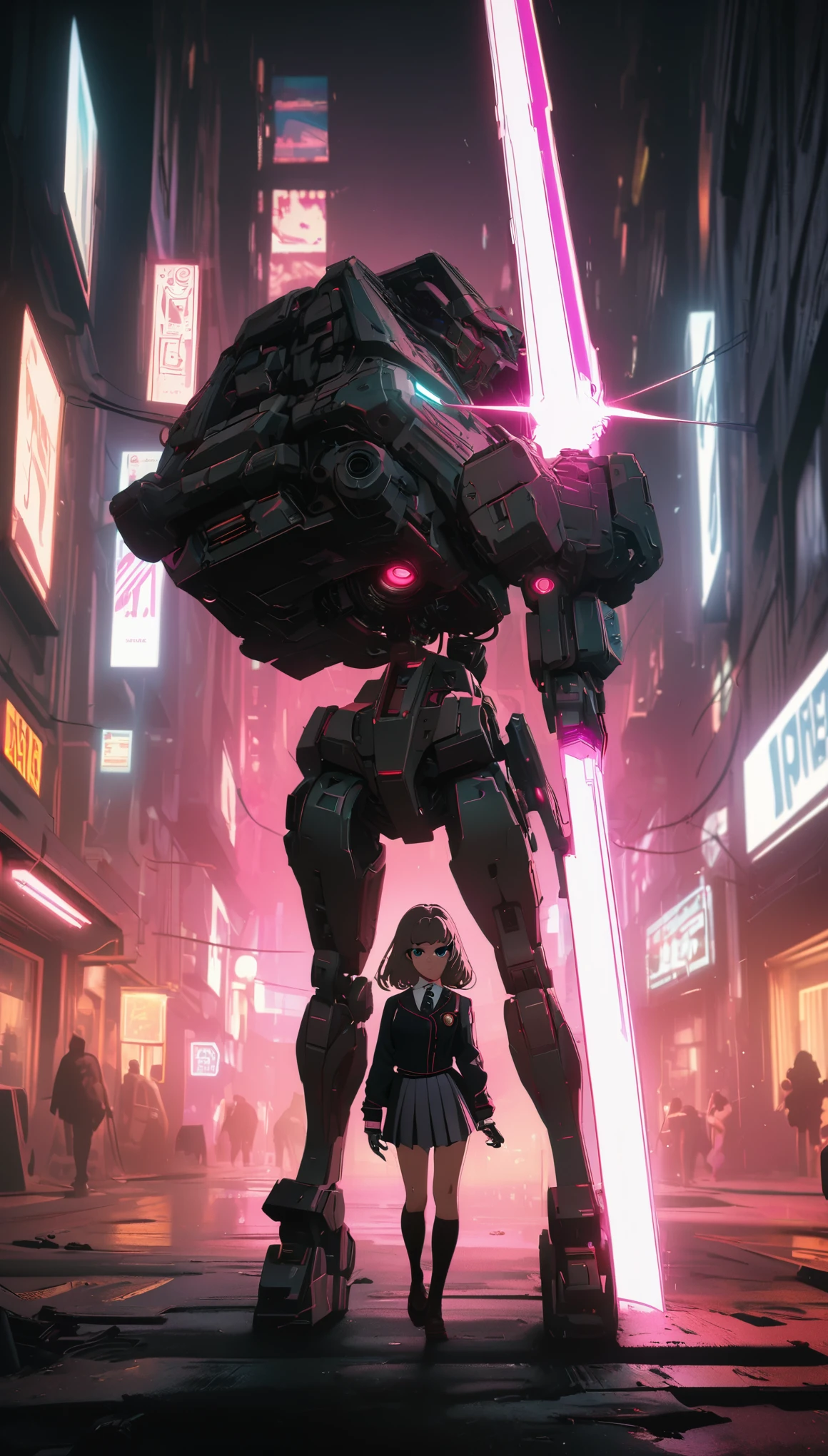 cyberpunk style,JK school uniform girl,Holding a huge mechanical laser sword,Beautiful,Glowing special effects,celluloid style,Flat coating,HD,CG art,comics,8K,looking into camera,high quality,illustration,Vaporwave style,rim light,movie lighting,Super detailed,complex,OC renderer,cinematic perspective,high resolution