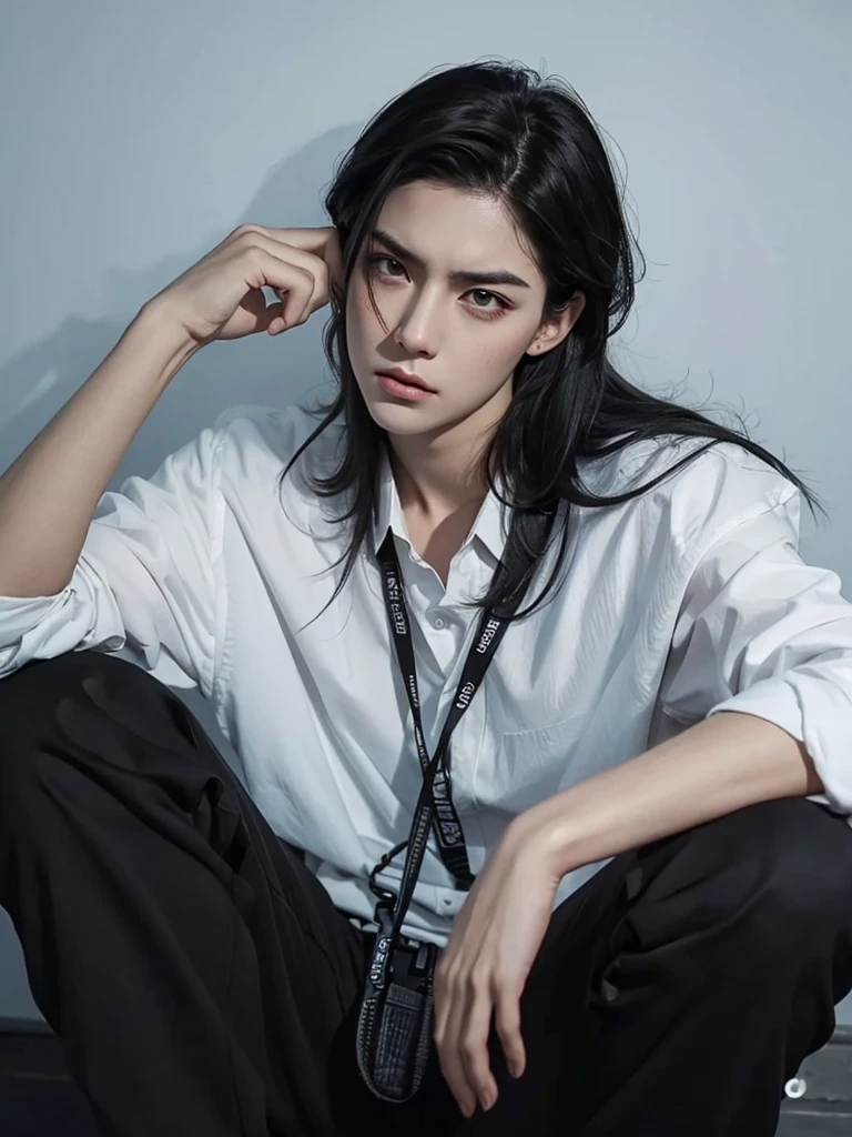 long black hair, gray eyes, serious expression, masculine woman, dressed in black, hd, cinematographic, masculine female face, tomboy, desfem, dark circles