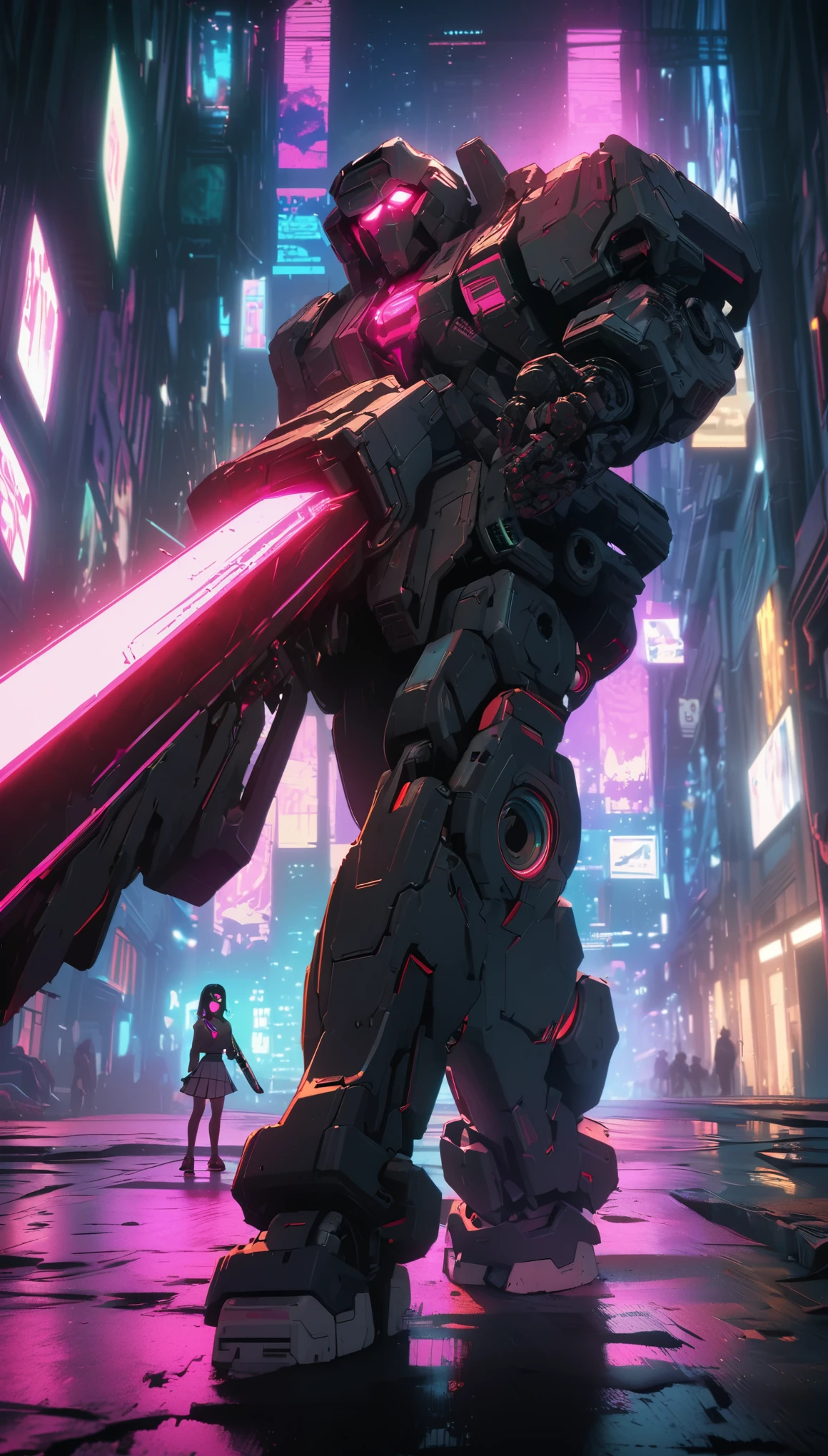 cyberpunk style,JK school uniform girl,Holding a huge mechanical laser sword,Beautiful,Glowing special effects,celluloid style,Flat coating,HD,CG art,comics,8K,looking into camera,high quality,illustration,Vaporwave style,rim light,movie lighting,Super detailed,complex,OC renderer,cinematic perspective,high resolution