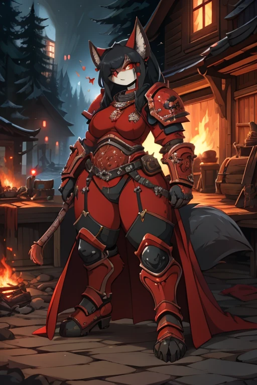 Female Furry cat+red eyes black hair with red-scarlet tips of hair tall, a little plump+ in black knight's armor face covered in blood face gloomy and serious+in the forest, one fire, dead demons lie on the ground+smoke from the fire+anime, 
huge muscled furry, wolf girl in power armor sister of battle, warhammer 40k, aesthetics of the female body, Full-length front view.