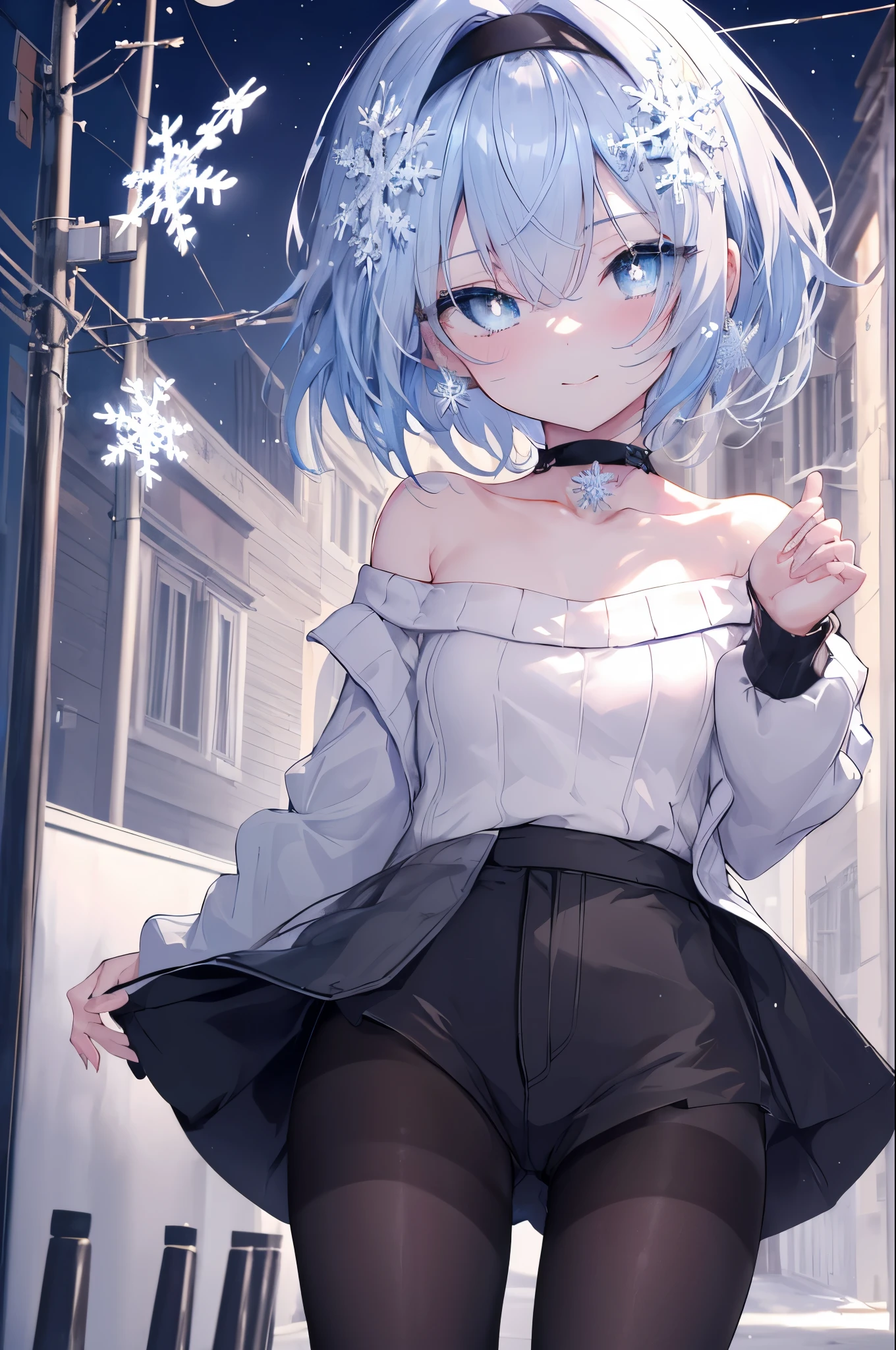 masterpiece,highest quality,High resolution,Super detailed,Oh Ginko,short hair,bangs,hair between eyes,light blue,hair band,snowflake hair ornament,black choker,night,street,Are standing,smile,blush,off shoulder sweater,naked neck,bare clavicle,bare shoulders,shorts,black pantyhose,winter,Cold Sky,(masterpiece:1.2), highest quality, High resolution, unity 8k wallpaper, (shape:0.8), (beautiful and detailed eyes:1.6), highly detailed face, perfect lighting, Very detailed CG, (perfect hands, perfect anatomy),