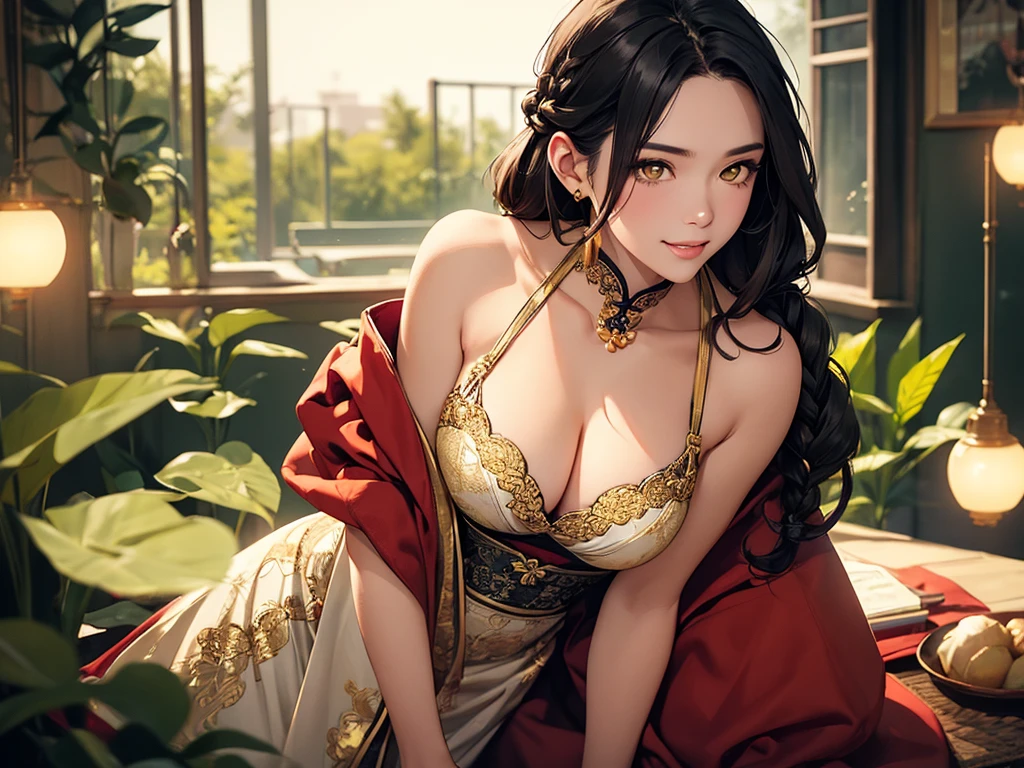 Beautiful Chinese woman with flirtatious smile, Wearing golden lace, red and yellow Hanfu, Drop your shoulders, seductive cleavage, Yellow eyes, Leaning forward, Focus on the audience, state's, split, HD, UHD, Wallop, artistic sprout, long braid hair, grow long hair, realistic eyes, Very detailed目, natural skin, natural skin texture, Scattered under the surface, calm colors, skin pores, perfect face, perfect eyes, perfect lips, Soft female form, outstanding, cinematic, Cinema lights, Very detailed, surreal, masterpiece, in the atmosphere, High resolution, Lively, high contrast, Vignetting, 8K, HDR, 500 pixels, Look from above, bust