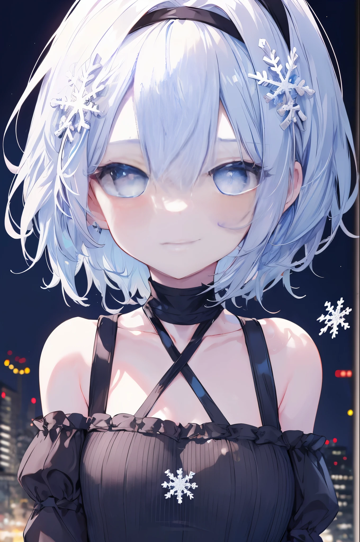 masterpiece,highest quality,High resolution,Super detailed,Oh Ginko,short hair,bangs,hair between eyes,light blue,hair band,snowflake hair ornament,black choker,night,street,Are standing,smile,blush,off shoulder sweater,naked neck,bare clavicle,bare shoulders,shorts,black pantyhose,winter,Cold Sky,(masterpiece:1.2), highest quality, High resolution, unity 8k wallpaper, (shape:0.8), (beautiful and detailed eyes:1.6), highly detailed face, perfect lighting, Very detailed CG, (perfect hands, perfect anatomy),