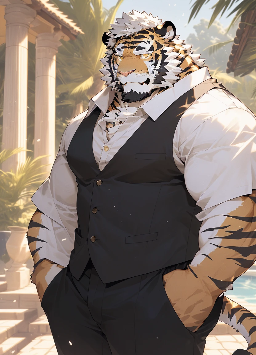 hairy，（tiger，white shirt，black suit，），beard，Golden fur，white short hair，male，golden pupils，Common，rich man，Keep fingers away，full-body shot，In front of the villa，Detailed background，极其lifelike阴影，masterpiece，Very detailed，lifelike