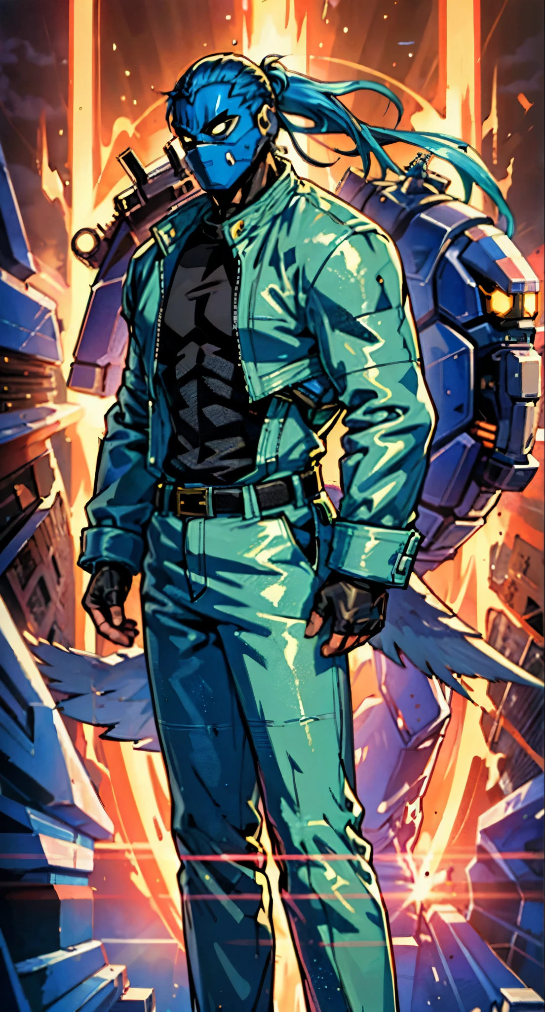 A man with blue hair tied in a ponytail, his face concealed by a falcon concept mask, stands tall and imposing, a futuristic sci-fi style short jacket, a dark bodysuit, matching trousers, a belt cinched at the waist, colorful gloves, he stands atop a futuristic high-rise, he surveys the city night view, this character embodies a finely crafted futuristic sci-fi style masked hero in anime style, exquisite and mature manga art style, high definition, best quality, highres, ultra-detailed, ultra-fine painting, extremely delicate, professional, perfect body proportions, golden ratio, anatomically correct, symmetrical face, extremely detailed eyes and face, high quality eyes, creativity, RAW photo, UHD, 32k, Natural light, cinematic lighting, masterpiece-anatomy-perfect, masterpiece:1.5