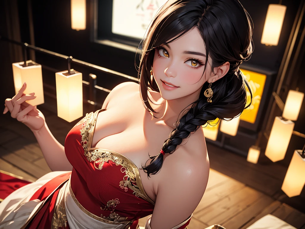 Beautiful Chinese woman with flirtatious smile, Wearing golden lace, red and yellow Hanfu, Drop your shoulders, seductive cleavage, Yellow eyes, Focus on the audience, state's, split, HD, UHD, Wallop, artistic sprout, long braid hair, grow long hair, realistic eyes, Very detailed目, natural skin, natural skin texture, Scattered under the surface, calm colors, skin pores, perfect face, perfect eyes, perfect lips, Soft female form, outstanding, cinematic, Cinema lights, Very detailed, surreal, masterpiece, in the atmosphere, High resolution, Lively, high contrast, Vignetting, 8K, HDR, 500 pixels, Look from above, bust