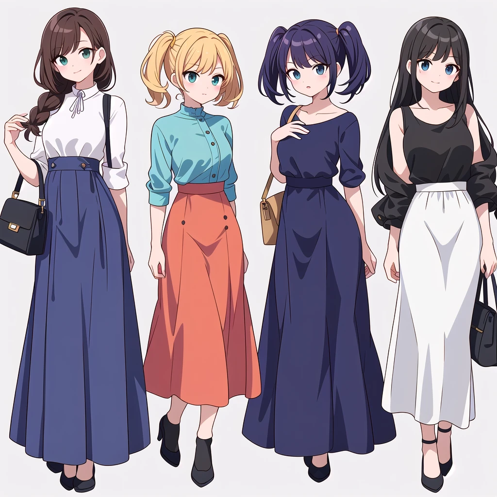 (((Best Quality))) , ((full body)), 4 lady, multiple views, white background, variety of hairstyles, variety of fashion styles, seductive pose, fashionable and trendy atmosphere, holding bag, spring outfits, walk pose, long skirt, dressy casual, dark blue/dark orange/dark green/dark violet/brown/white,
